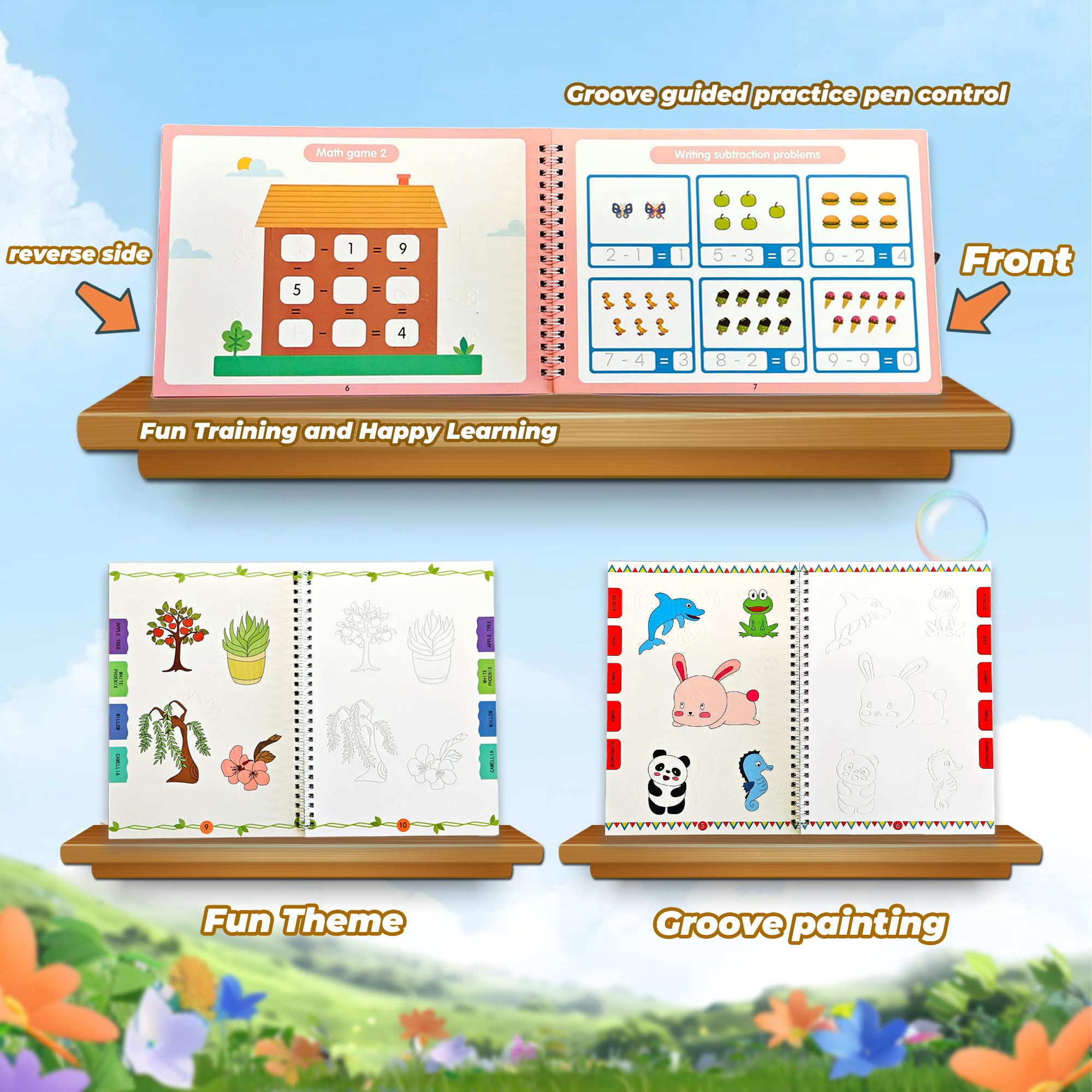 Libros de práctica de escritura con ranuras mágicas para niños, reutilizables con letras y números ranurados, adecuados para edades de 3 a 5 y 6 a 8 años, actividades de aprendizaje para niños