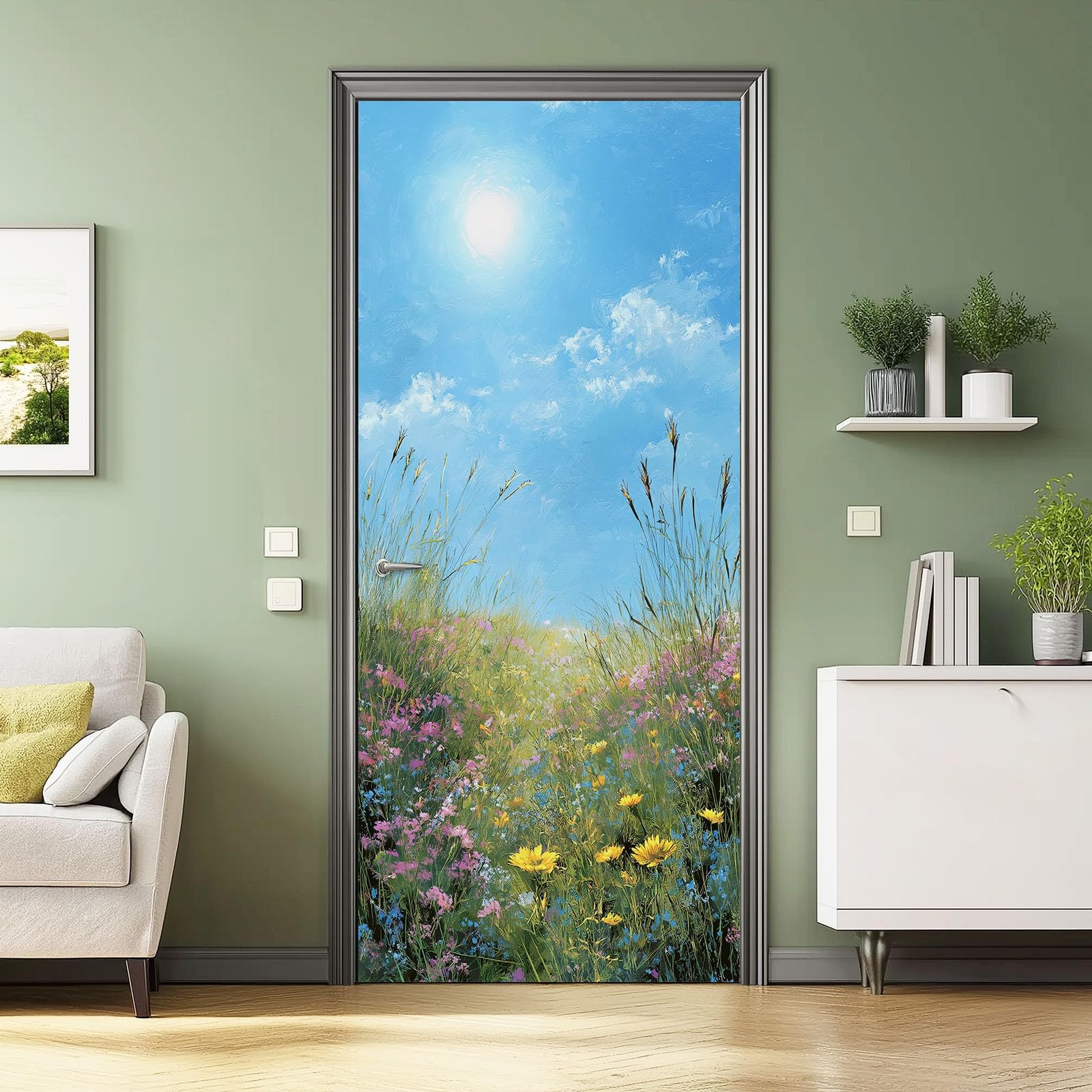 Naklejka ścienna na drzwi Natura Krajobraz, samoprzylepna naklejka na drzwi niebo krzaki kwiatów, niebieski efekt 3D wodoodporny naklejki na drzwi Art Decor do kuchni Sypialnia Łazienka, 95x215 cm