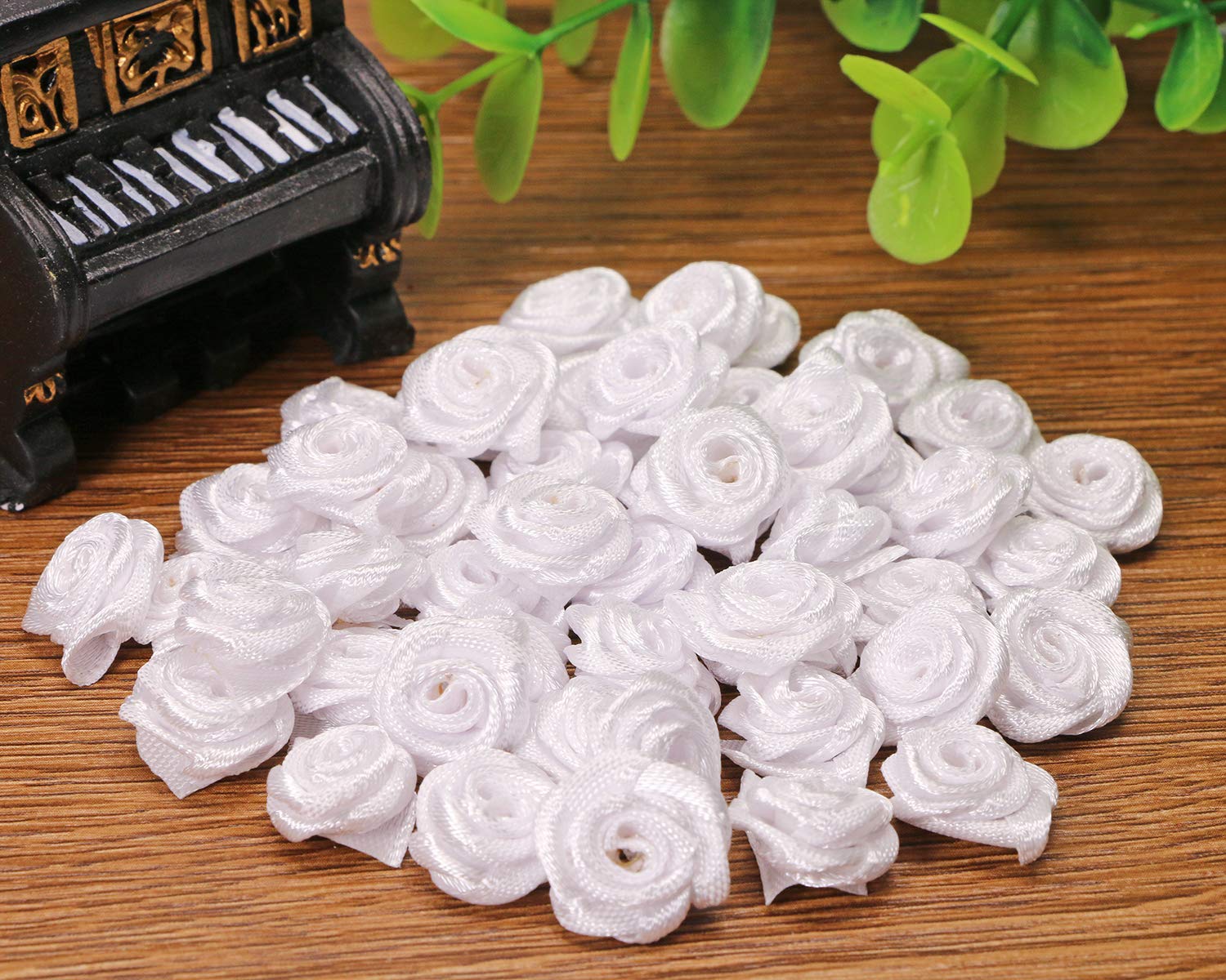 Shapenty 5/8 Inch Mini Satin Ribbon Roses Boutique Flowers Applique Sewing Craft Ribbon Bows Floral Embellishment for Christmas Ornaments Scrapbooking Wedding Party Gift Decoration, 50PCS (White)