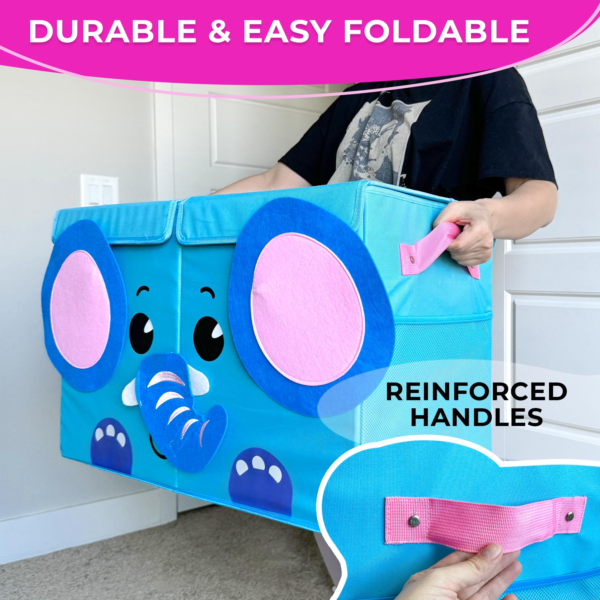 QUOKKA Katabird Toy Storage Box for Boys and Girls - Organizador de juguetes para niños (16 x 12 x 8 cm, plegable, asas, tapa abatible), diseño plegable (Elefante, Grande)