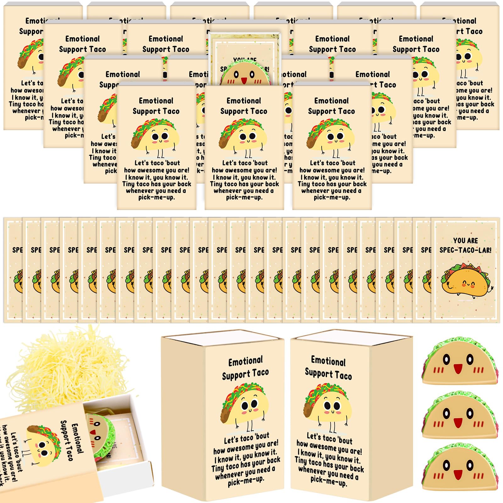 Wonderjune 36 Sets Valentines Emotional Support Taco Gifts Bulk Resin Positive Taco Inspirational Cards and Gift Boxes Valentines Employee