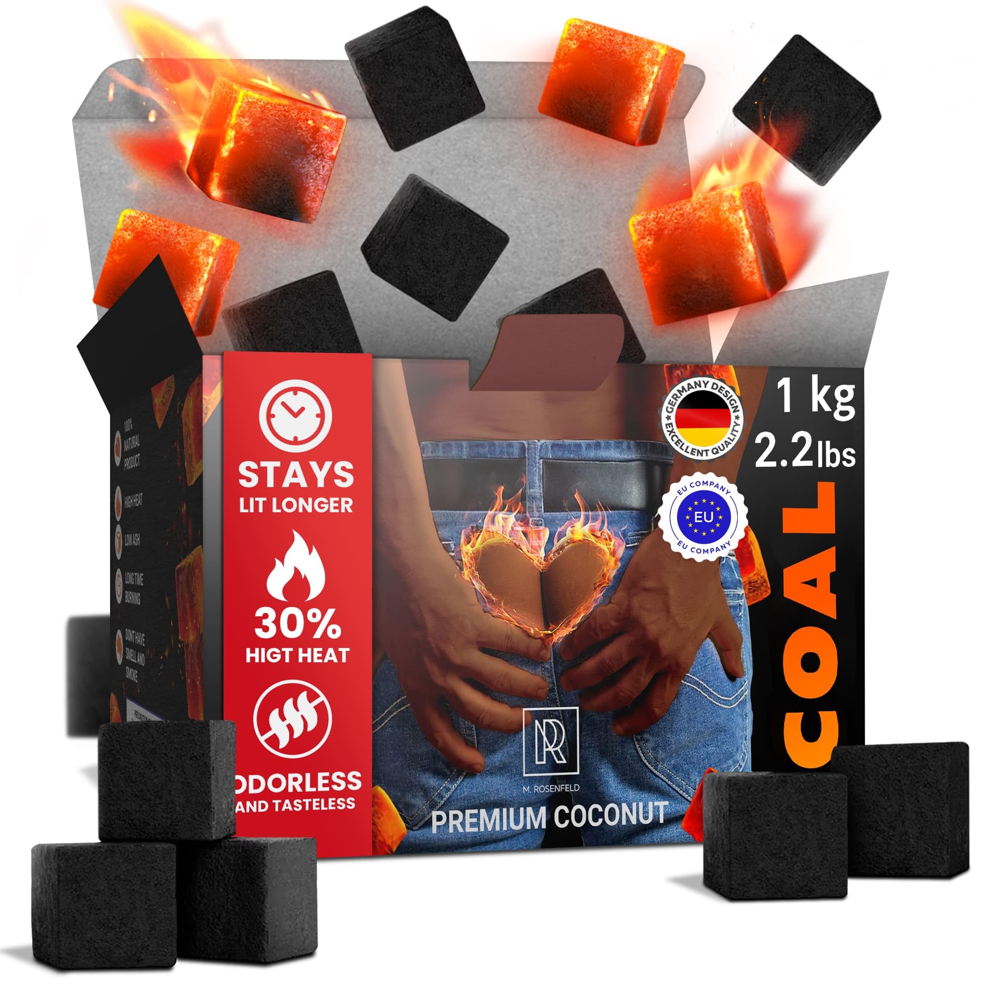 M. ROSENFELDPremium Coconut Charcoal Cubes - Coconut Coals XL Pack of 72 Count & 1 KG (2.2 lbs) – Premium Quality 25mm (1x1x1 in) – 100% Natural Coconut Charcoal Cubes – NOT Quick Light - Pack of 1