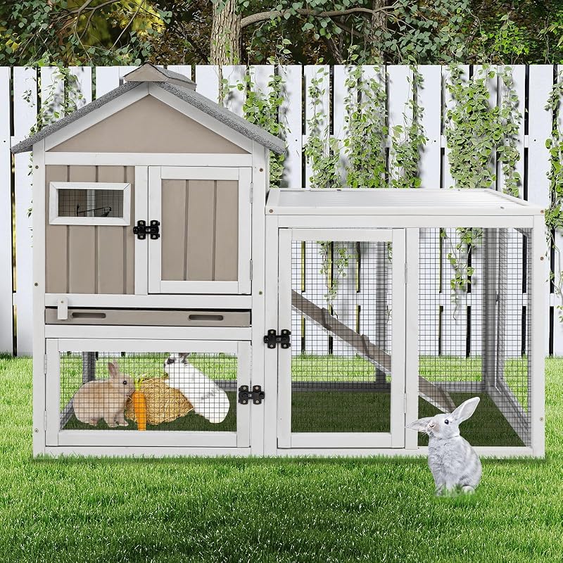 Ketive 48" L 2-Story Rabbit Hutch, Chew-Resistant Ramp, Expandable | Wooden Bunny Cage, Guinea Pig Cage with Deep Pull-Out Tray and Roof Panel for Small Animals, Indoor and Outdoor Use