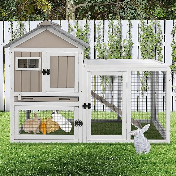 Ketive 48 L Rabbit Hutch Outdoor Indoor Bunny Hutch Weatherproof, 2-Story Wood Rabbit Cage with Deep Tray, Chew-Resistant Ramp, UV Roof, Bunny House for Small Animal, Expandable Guinea Pig Cage