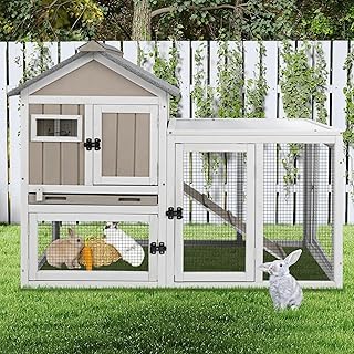 48" L Rabbit Hutch Outdoor Indoor Bunny Hutch Weatherproof, 2-Story Wood Rabbit Cage with Deep Tray, Chew-Resistant Ramp, UV Roof, Bunny House for Small Animal, Expandable Guinea Pig Cage