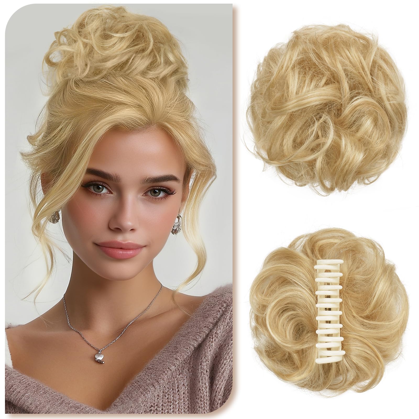 Sofeiyan Chignon en Cheveux Humains,Postiche Bouclé Messy Bun avec Pince,Extensions de Cheveux Bouclés Naturel Clip Bun pour Femmes, Clip in Claw Scrunchies(Blond Beige avec Reflets Blond Clair)