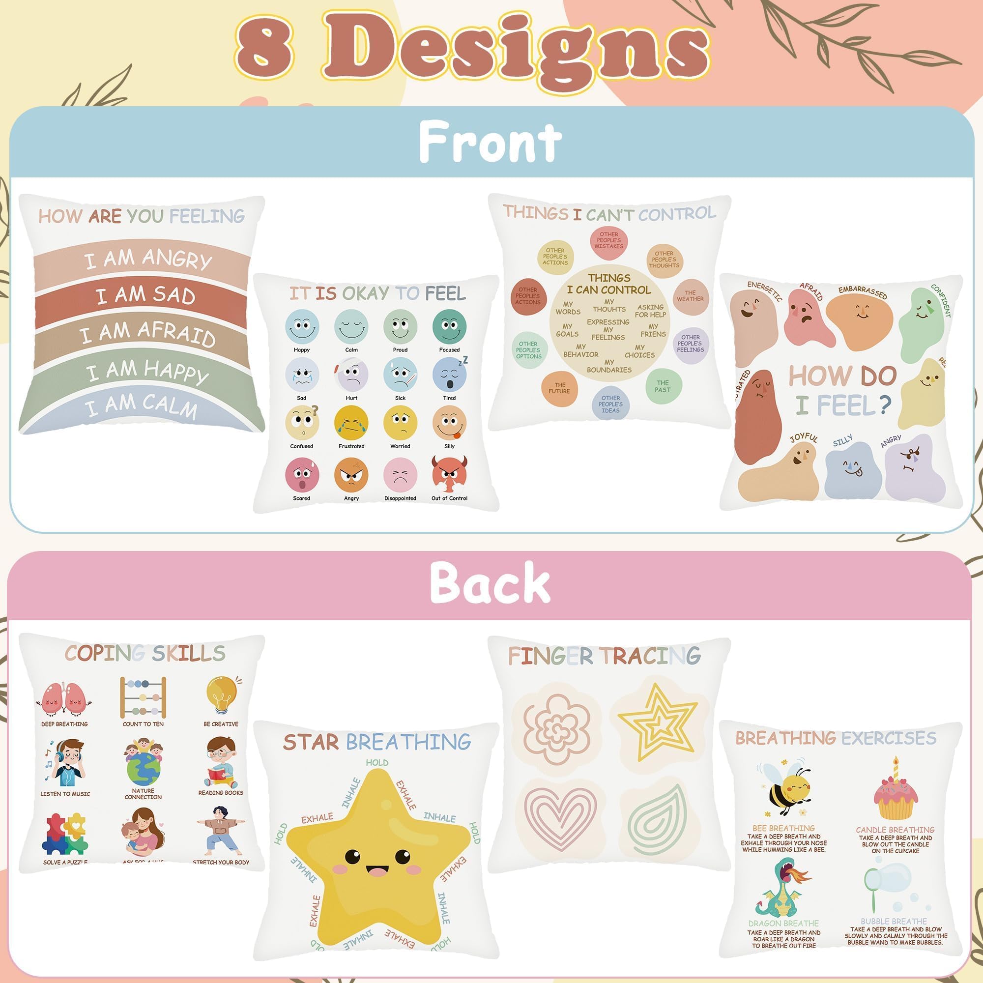 EDaozkend Boho Calming Corner Pillow Covers, Back to School 18x18in Set of 4 Throw Pillow Covers, Boho Calm Corner Therapy Pillowcase for Mental Health Room Home, Emotion Feelings Pillowcase for Kids