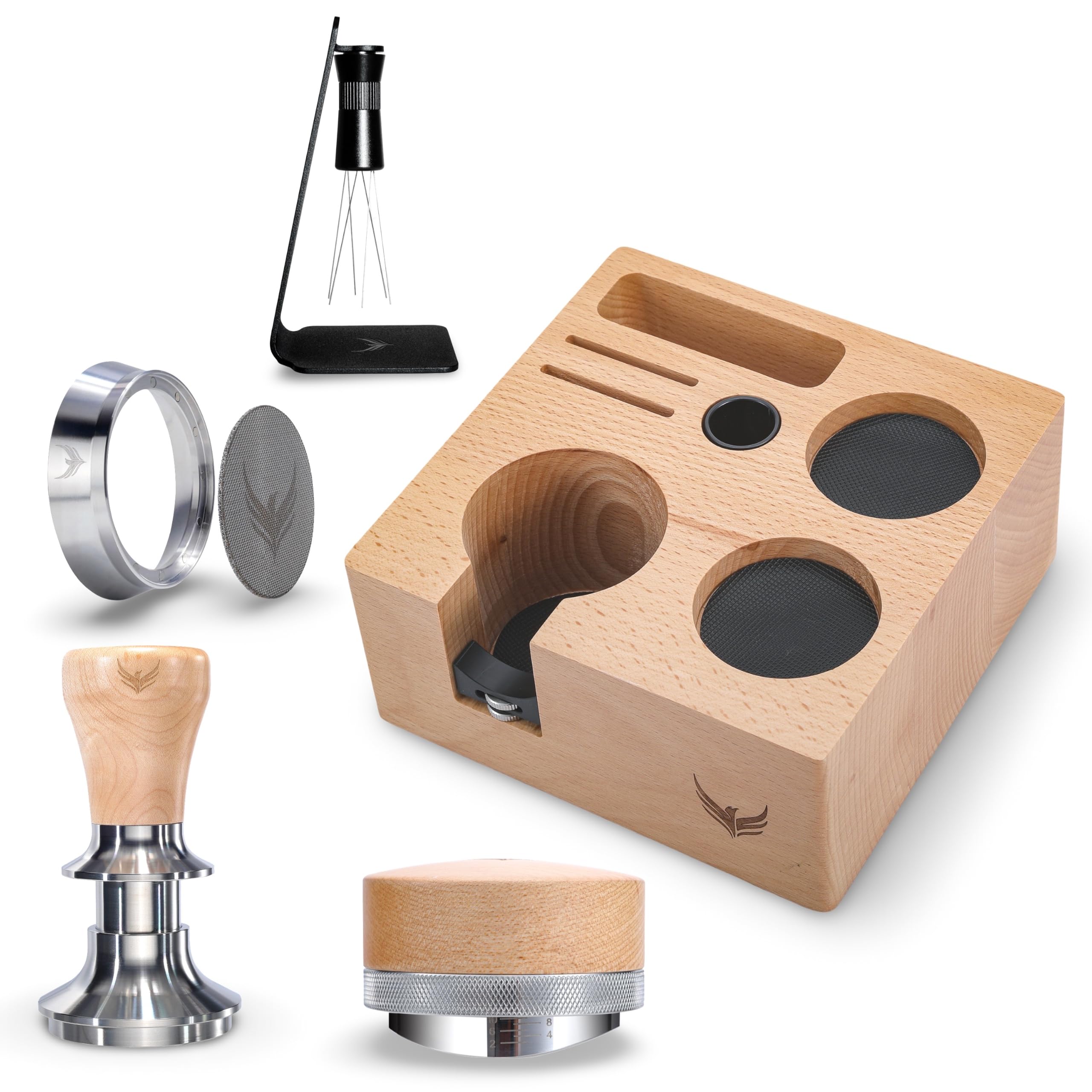 Sage Barista Zubehör Set 54mm Ahorn & Buche – Tamperstation, Kalibrierter Tamper, Kaffee-Verteiler, Dosierring, Puck Screen & WDT Tool Für Sage Barista Express, Pro & Touch