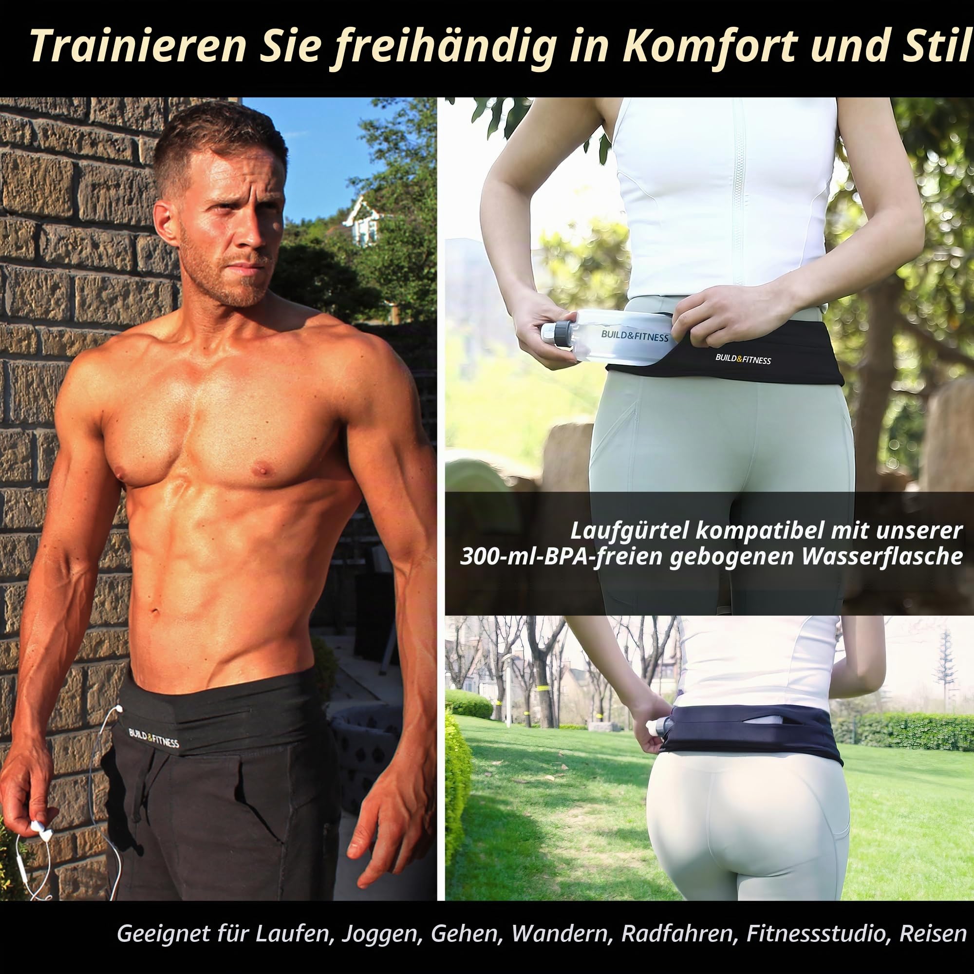 Build & Fitness Laufgürtel. Flip-Taille Gürteltasche, Schlüsselclip und Handyhalterung für Damen und Herren. Leicht, schlank, komfortabel und passend für alle Samsung- und iPhone-Modelle
