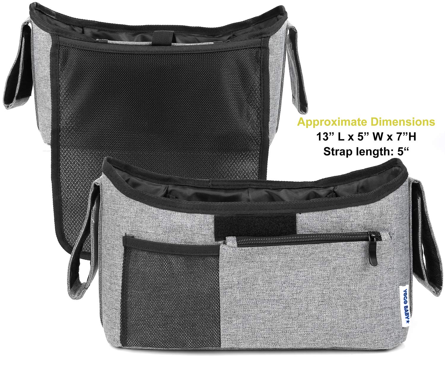 Deluxe Stroller Organizer Universal Fit for All Strollers Multiple Pockets Zipper and Phone Pocket Deep Insulated Cup Holders Grey Melange