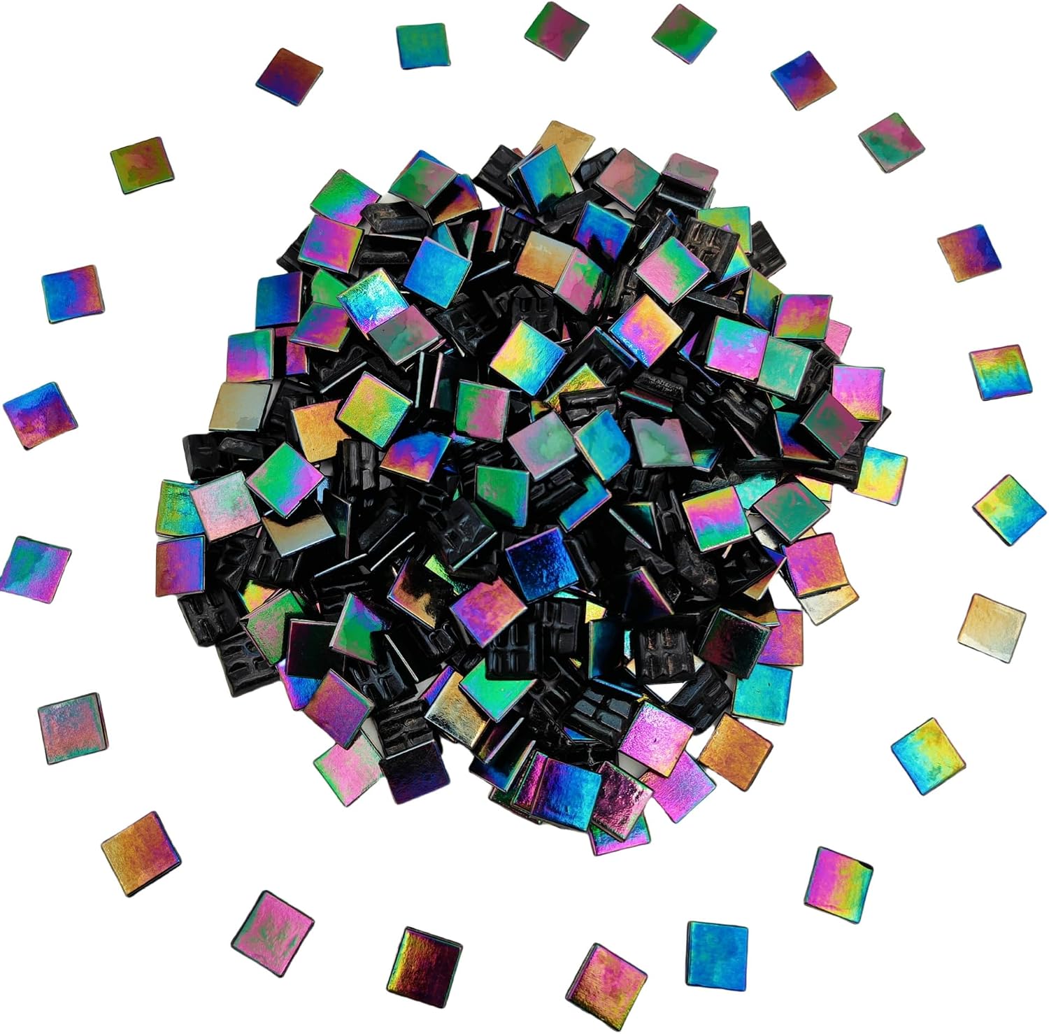 320PCS Square Iridescent Stained Glass Mosaic Tiles, 1.1LB Mosaic Tiles for DIY Crafts, 0.6" Bright Mosaic Glass Pieces for Art Craft and Home Decorations (Iridescent Rainbow F335, 0.6")