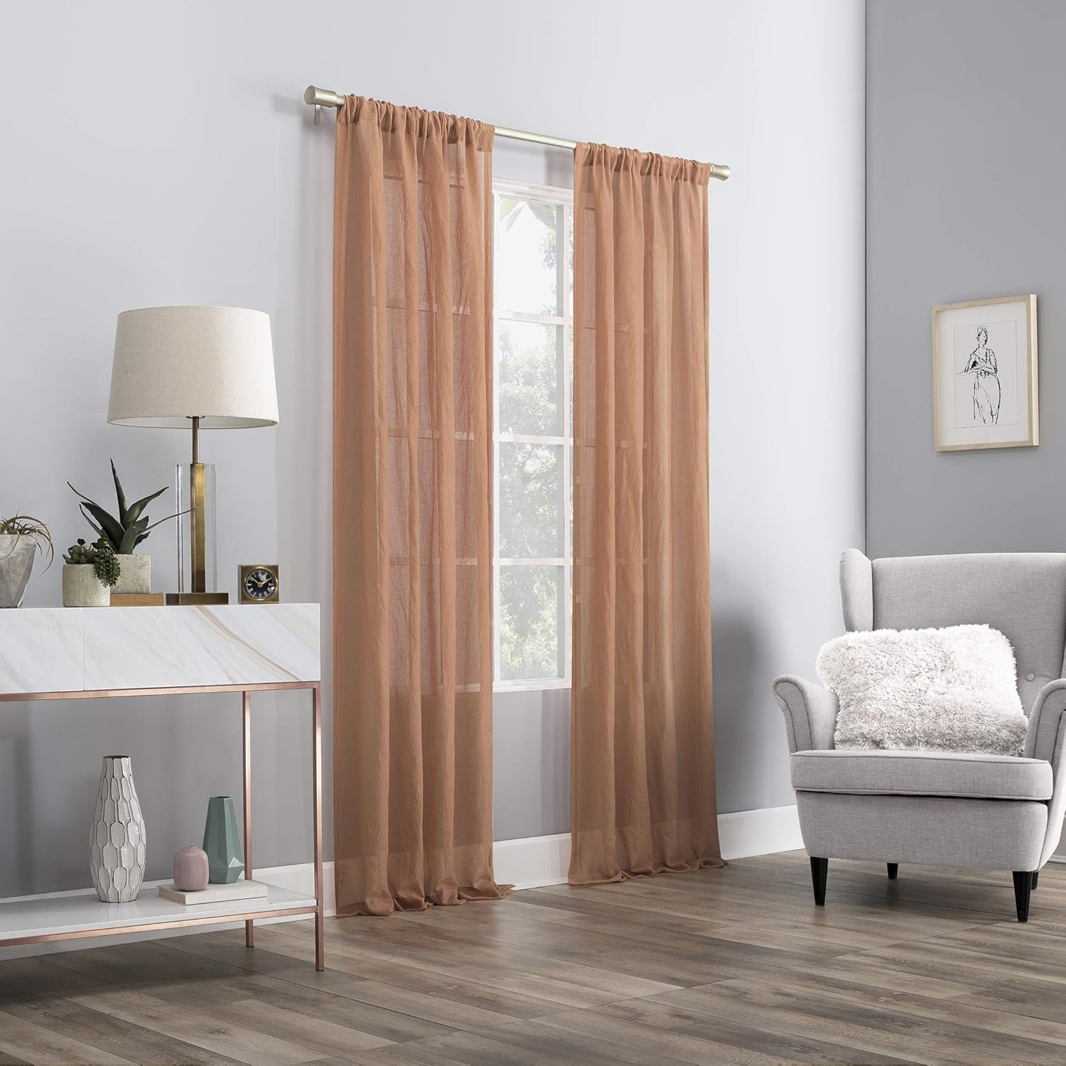 No. 918 Genevieve 2-pack 2-pack Linen Weave Sheer Semi-Sheer Grommet Curtain Panel Pair, 50" x 96", Sienna