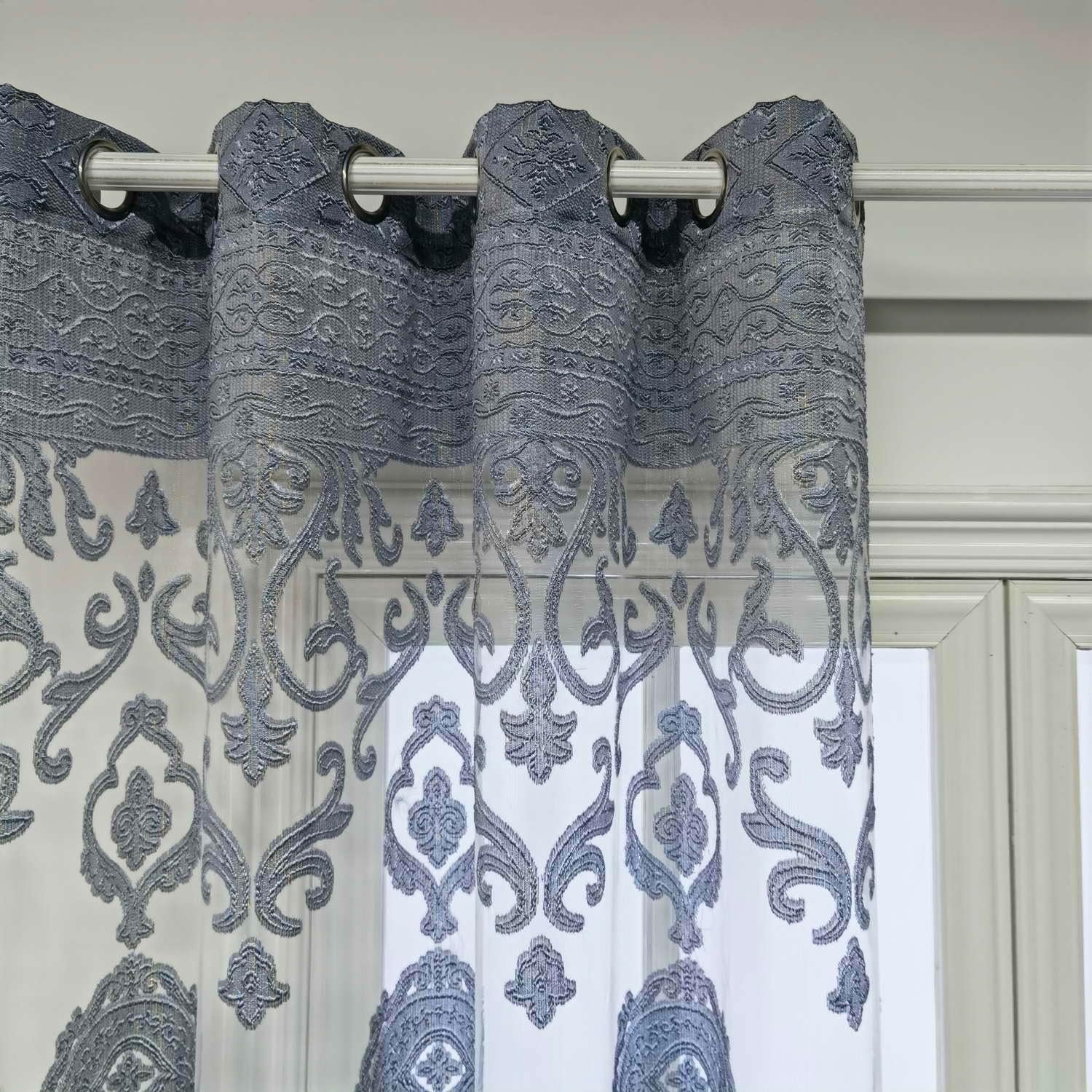 European Golden Flower Embroidery Sheer Curtains Villa Luxury Grommet Top Voile Drape for Living Room Curtain Panel Tulle Home Decor 52 inch Wide by 96 inch Long 1 Set of 2 Panels