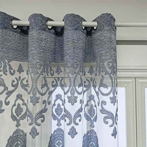 Miniatura 6 de FeLoneny Cortinas transparentes con bordado de flores doradas europeas, cortina de gasa con ojales en la parte superior, para sala de estar, panel