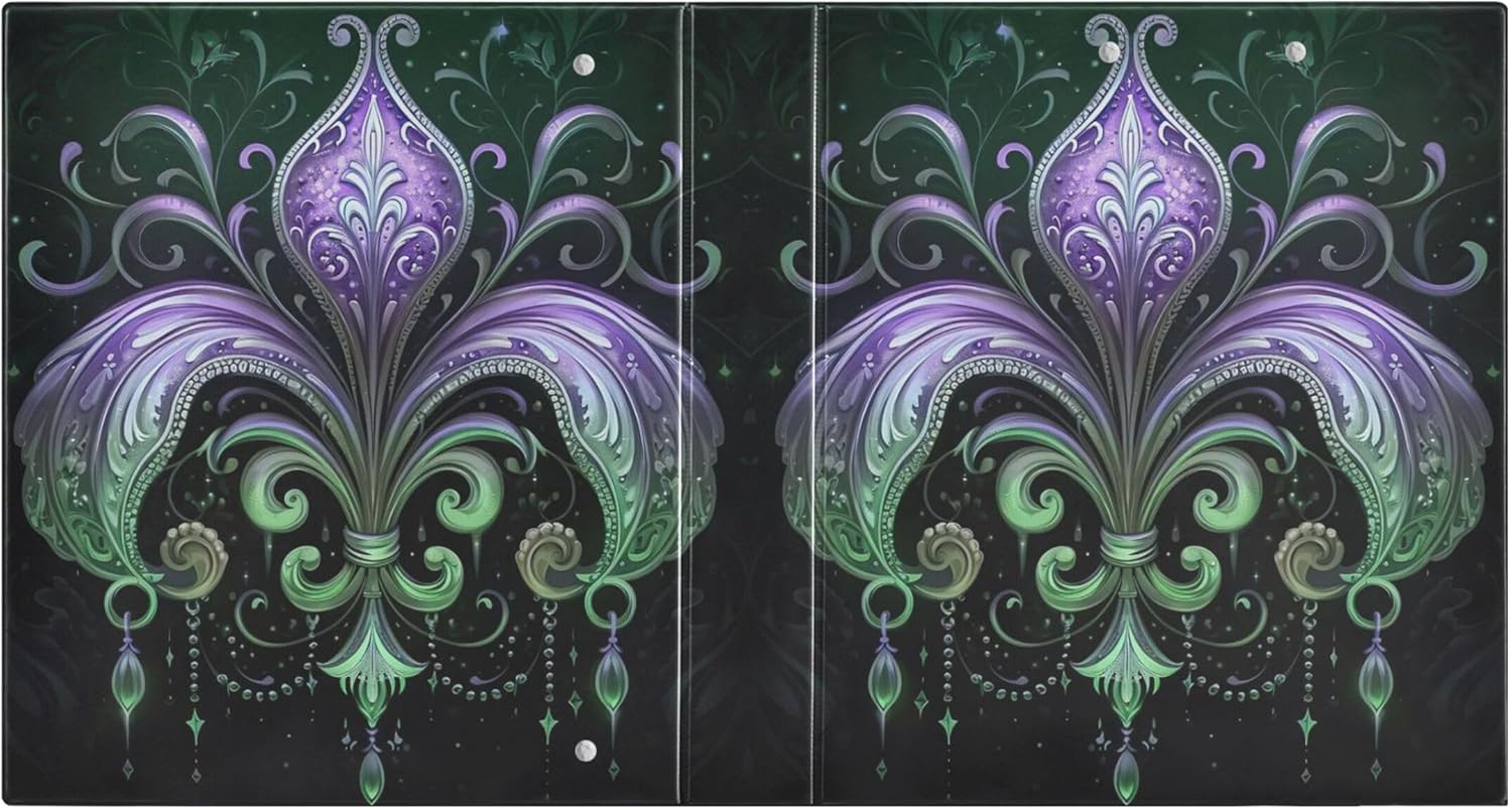 Mardi Gras 3 Ring Binders, 1.5” Round Ring Binders with Clipboard - Letter Size, 3 Interior PVC Clear Pockets & Anti-Slip Clip for Office School Supplies, 2PCS