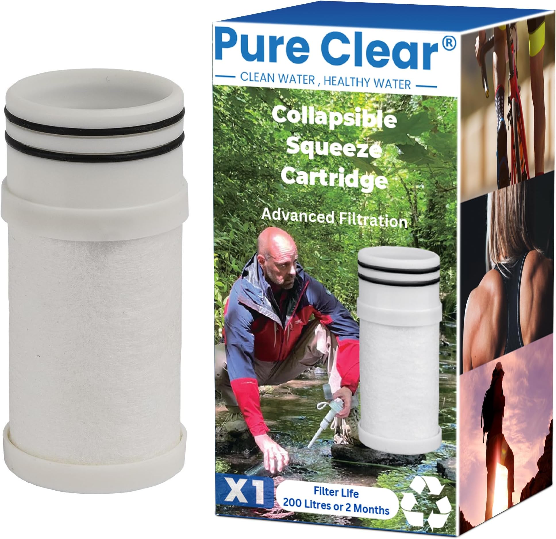 Pure Clear Replacement Filter for Collapsible Water Bottle - Water Bottle Filter Cartridge with 200 Litre Life Span - Electro-Adsorptive Technology to Remove Viruses, Bacteria, Heavy Metals & More