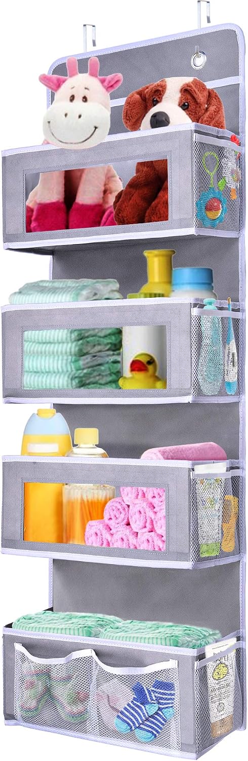 ULG Over The Door Hanging Organizer with 4 Spacious Pockets and 10 Mesh Pockets, Wall Mount Storage Organizer for Bedroom Nursery Pantry Closet Dorm, Grey