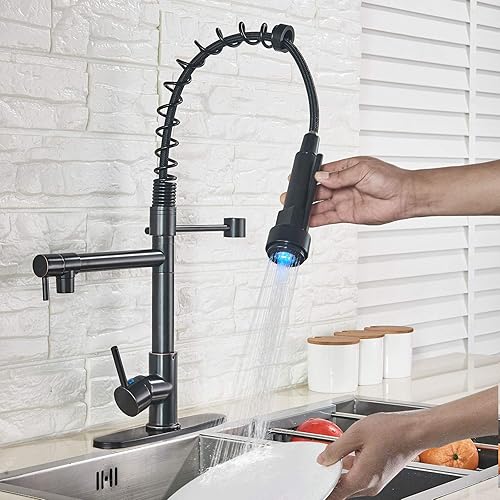 Miniatura 2 de Grifo de fregadero de cocina desplegable con rociador, grifo comercial de latón macizo aceitado de bronce aceitado con LED, un agujero o grifo de 3
