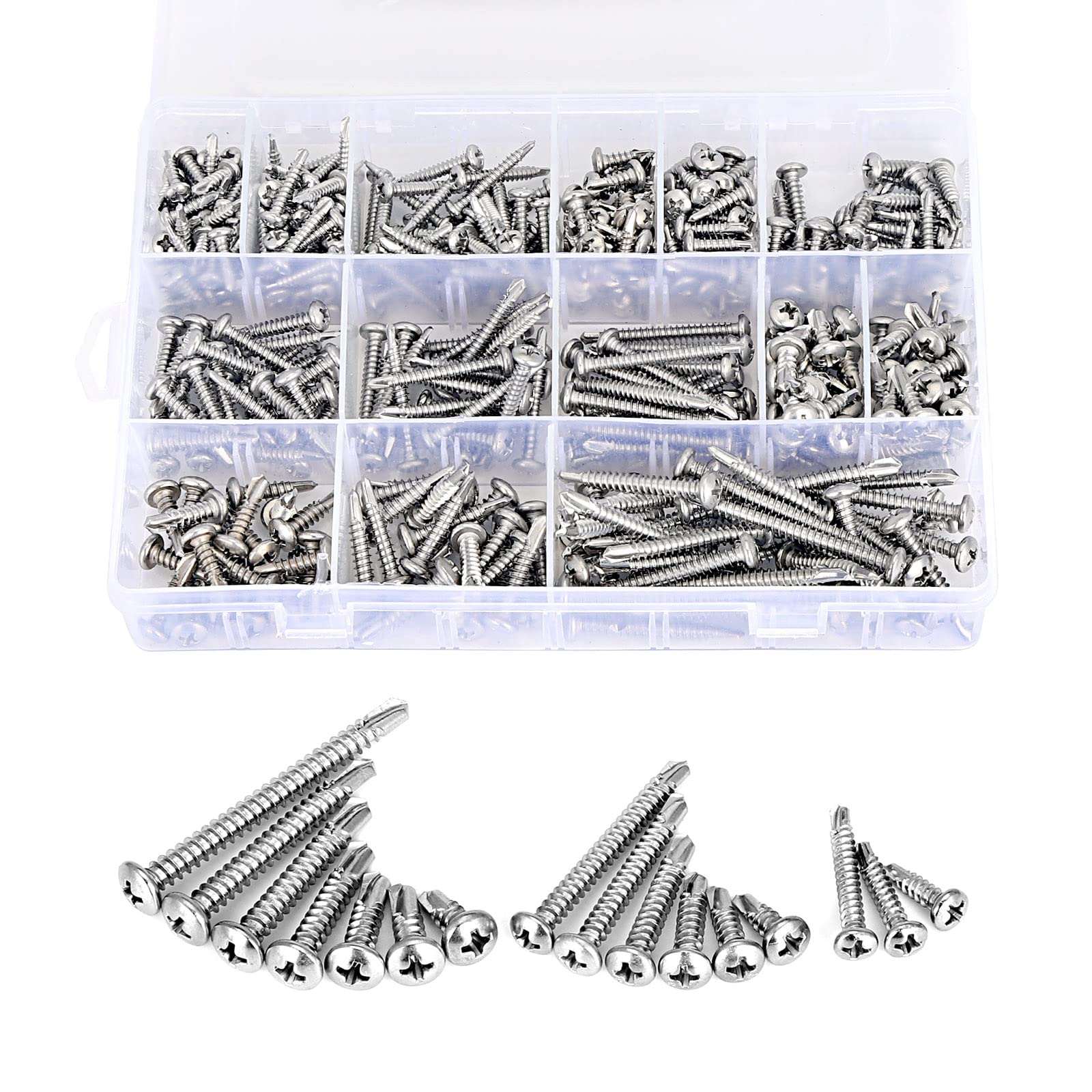 415PCS #6#8#10 Pan Head Self Drilling Tek Screws Kit 410 Stainless Steel Self Tapping Sheet Metal Screws