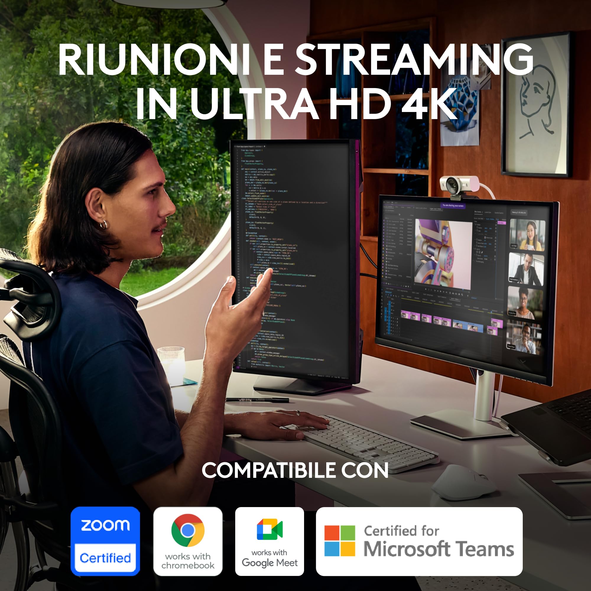 Logitech MX Brio per collaborazione, streaming Ultra HD 4K, 1080p a 60FPS, due microfoni con riduzione del rumore, Show Mode, USB-C, copertura webcam, Microsoft Teams, Zoom, Google Meet, Grigio chiaro