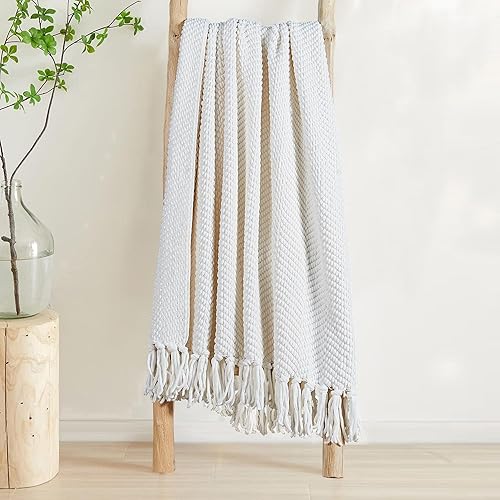 Miniatura 5 de Manta de punto suave con textura para sofá, manta de tweed crema con borlas de flecos para decoración del hogar, cama, sofá, silla, 50 x 60