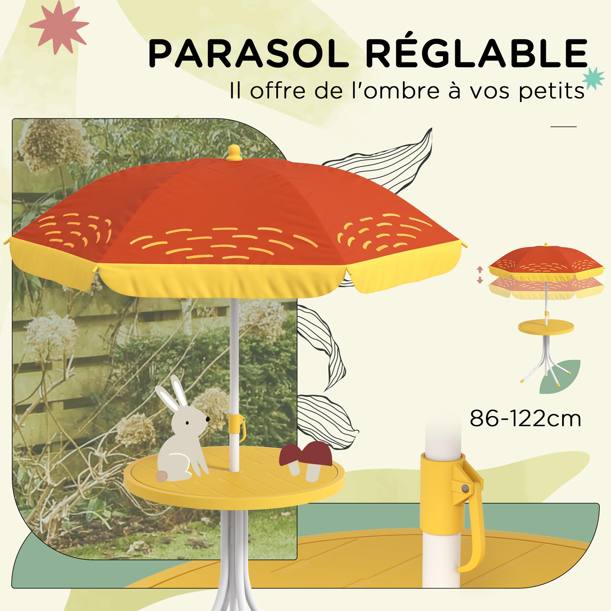 AIYAPLAY Ensemble salon de jardin extérieur enfant, table enfant avec chaise 4 pièces, motif éléphant et girafe, parasol réglable Ø 100 cm, chaise pliable, pour terrasse, balcon, plage, jaune