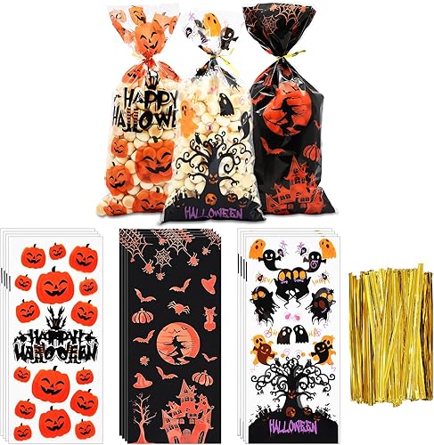 150 unidades de 3 diseños de bolsas de dulces de Halloween, bolsas de golosinas con lazos giratorios, brujas de calabaza, felices, celofán, bolsas