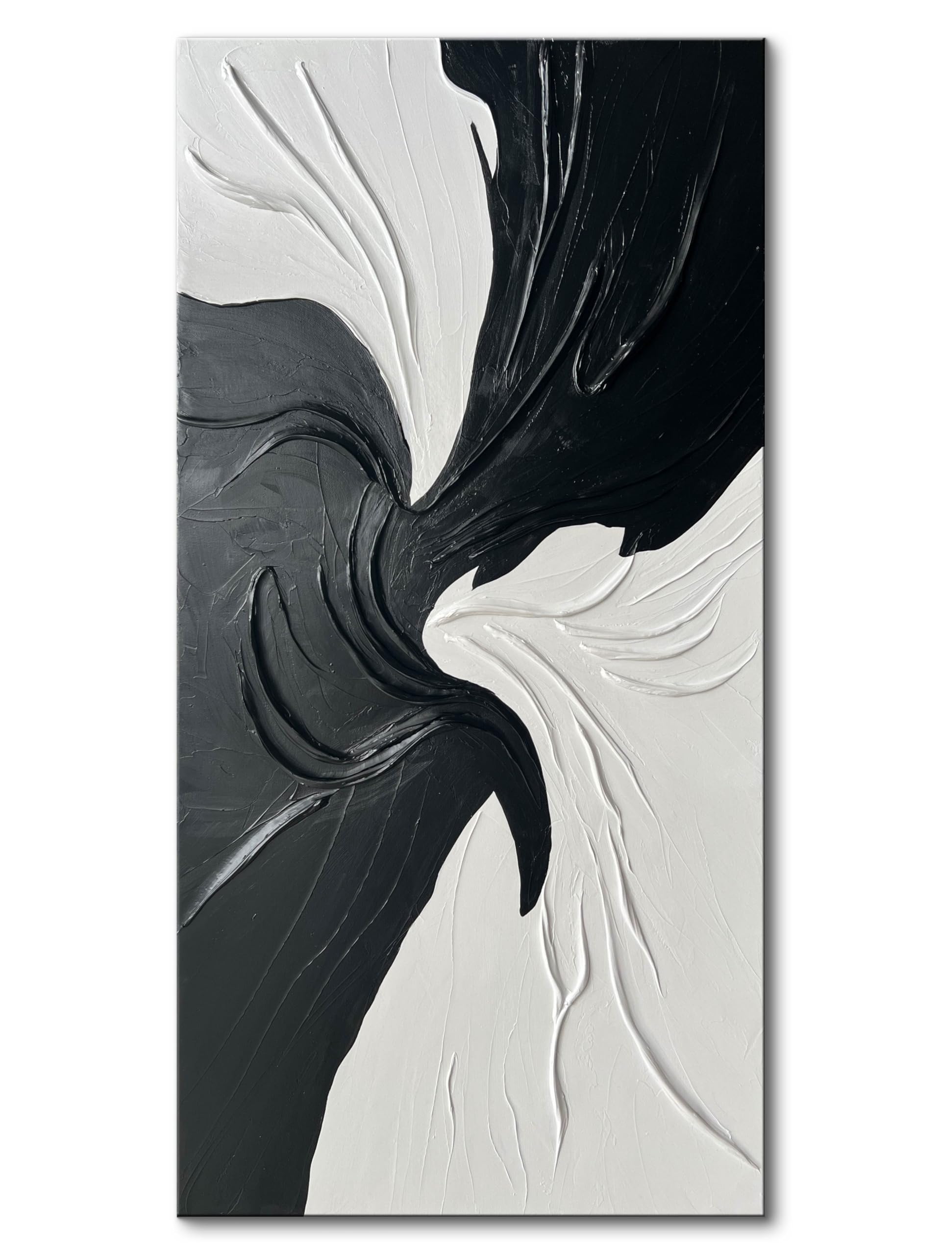 Photo 1 of Creespi Hand Painted Black and White Thick Texture Oil Painting 24x48 inch,Large Modern Minimalist Abstract Canvas Wall Art for Home Decor