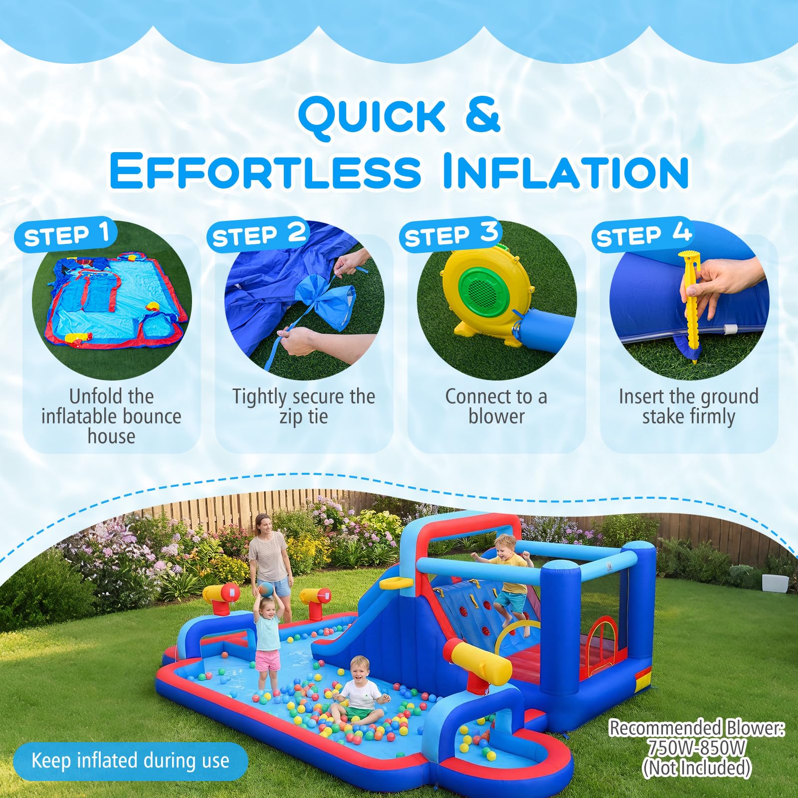 GOPLUS Castillo Hinchable, Castillo Inflable 2 en 1 con Pared de Escalada, Cañones, Piscina de Chapoteo y Tobogán Acuático, Casa de Saltos Infantil para Interior y Exterior, Soplador No Incluido