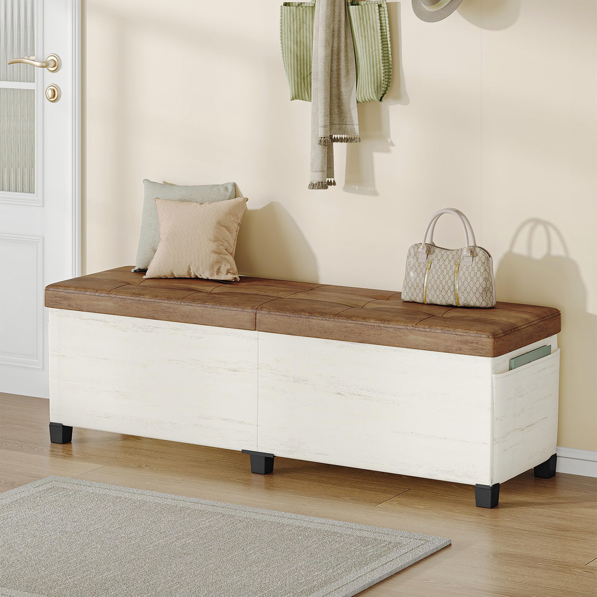 Hzuaneri Truhenbank mit Stauraum, Faltbar, Weiß Braun, 40x140x44cm | Aufbewahrungsschrank, Leinenbezug, Tragkraft 150 kg, Für Wohnzimmer, Schlafzimmer, Flur, SB31499YW