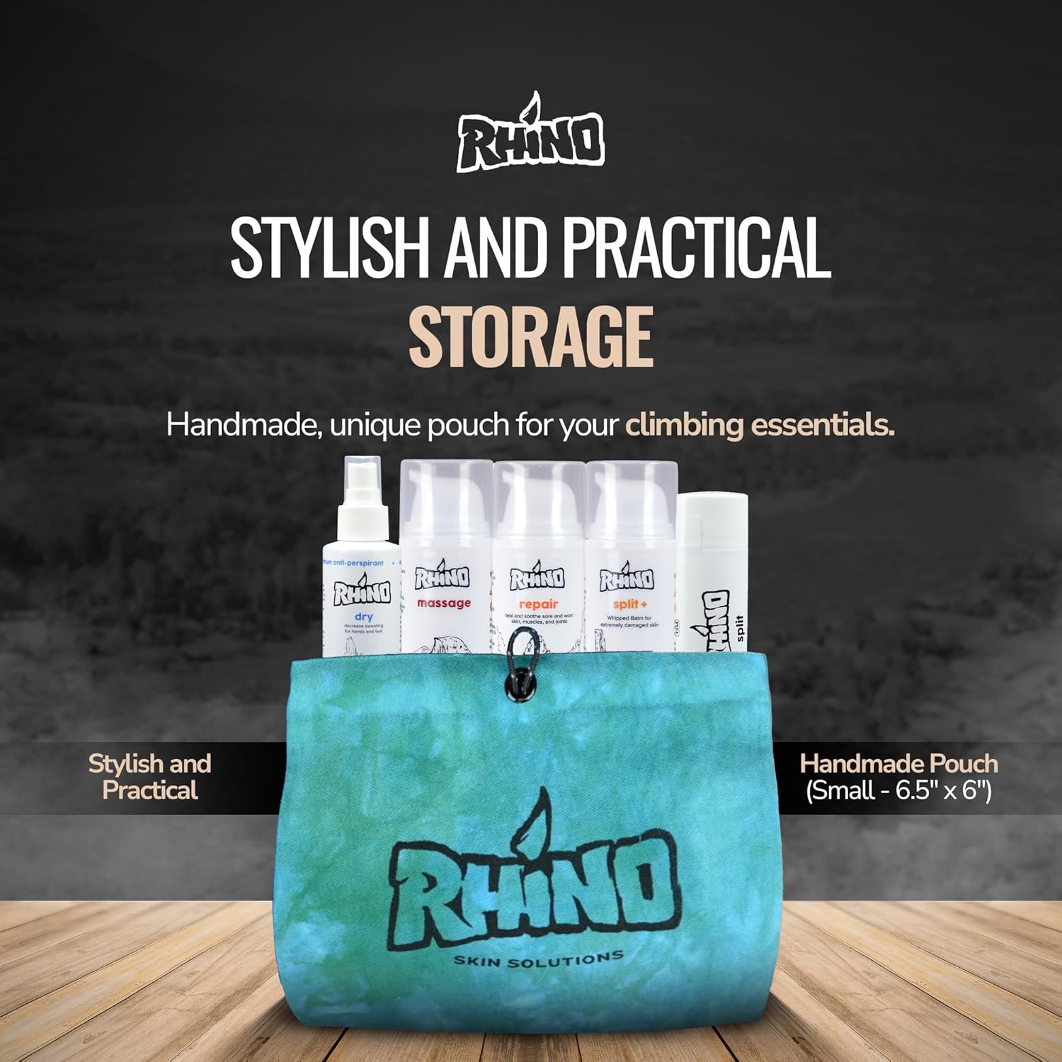 Rhino Skin Starter Kit Bundle - Climbing Skincare 5-Piece Set with Hand Cream, Lotion, Conditioner, Antiperspirant, and Balm | For Dry and Cracked Hands | Travel Size Hand Creams with Handmade Pouch