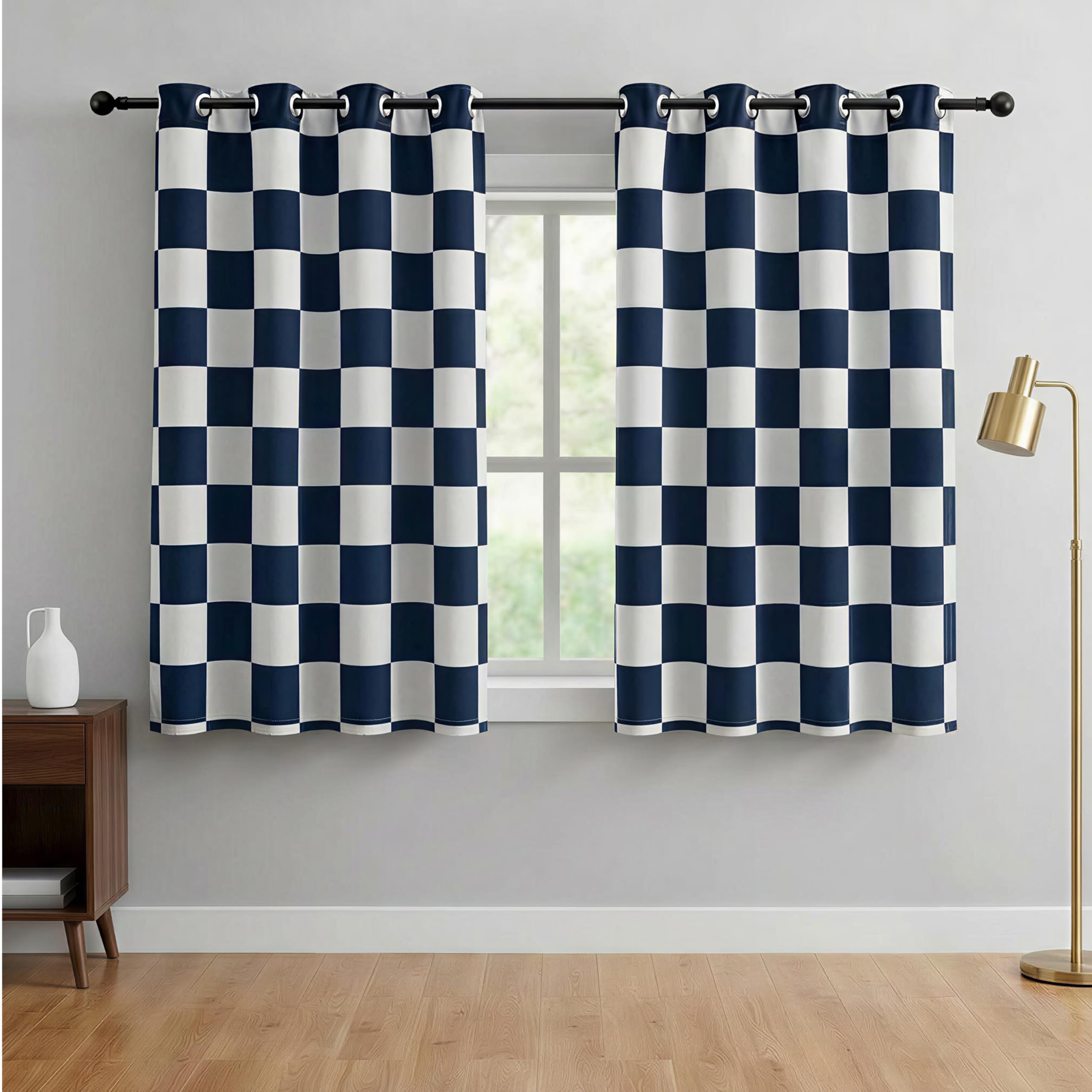BOHOMOCASA 100% Blackout Checkered Curtains – 2 Panels, Each W52×L84, Thermal Insulated, Nosie Reducing for Bedroom (Navy and White Checkered, W52×L63) — image 1