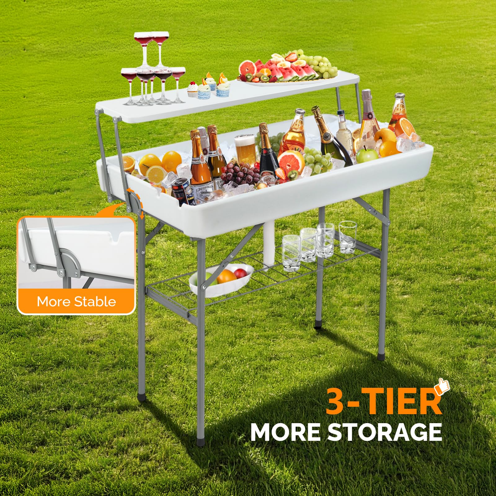 Bonnlo Kühltisch mit erhöhter Ablagefläche & Tischdecke – Klappbarer Getränkekühler aus HDPE, Eiskühltisch für Party, Camping, Terrasse, Indoor & Outdoor – bis 200 kg, 101,5 x 56 x 101,5 cm, Weiß