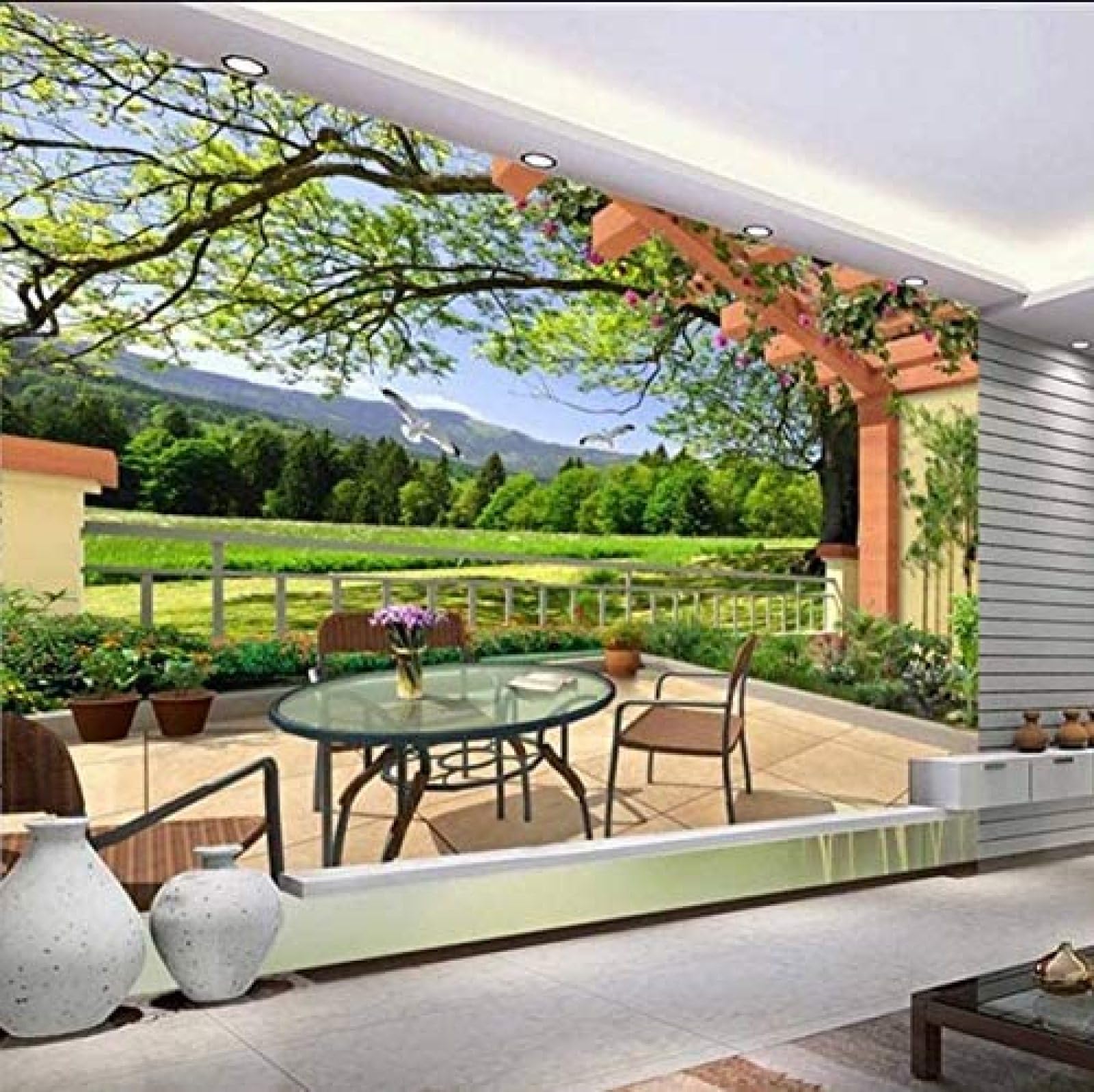 Papier peint 3D jardin nature pour créer un fond de TV végétal au salon