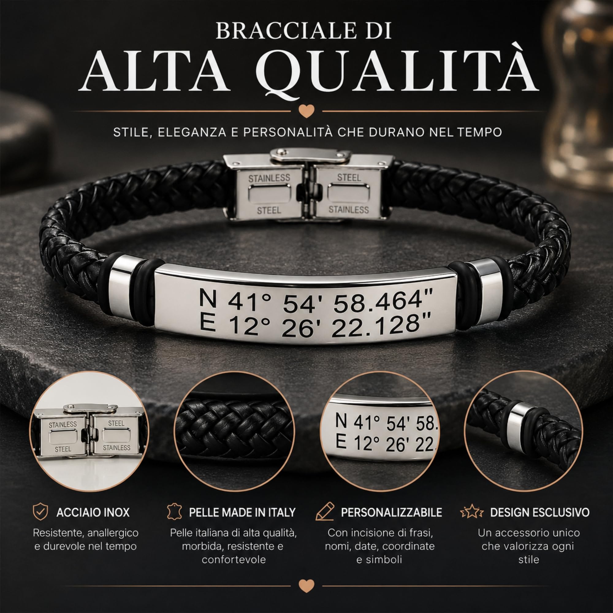Bracciale Uomo Personalizzato in Acciaio e Pelle – Incisione Nome, Data, Frase o Coordinate | Idea Regalo Personalizzabile per Lui, Amico, Papà, Fidanzato bcc1690d
