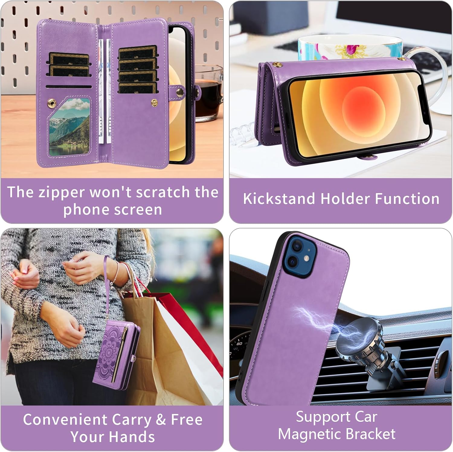 Asuwish Phone Case for iPhone 12 Mini 5.4 Zipper Wallet Detachable Cell Cover with Tempered Glass Screen Protector Crossbody Strap Flower Card Holder iPhone12mini 5G i 12s iPhone12 12mini Women Purple