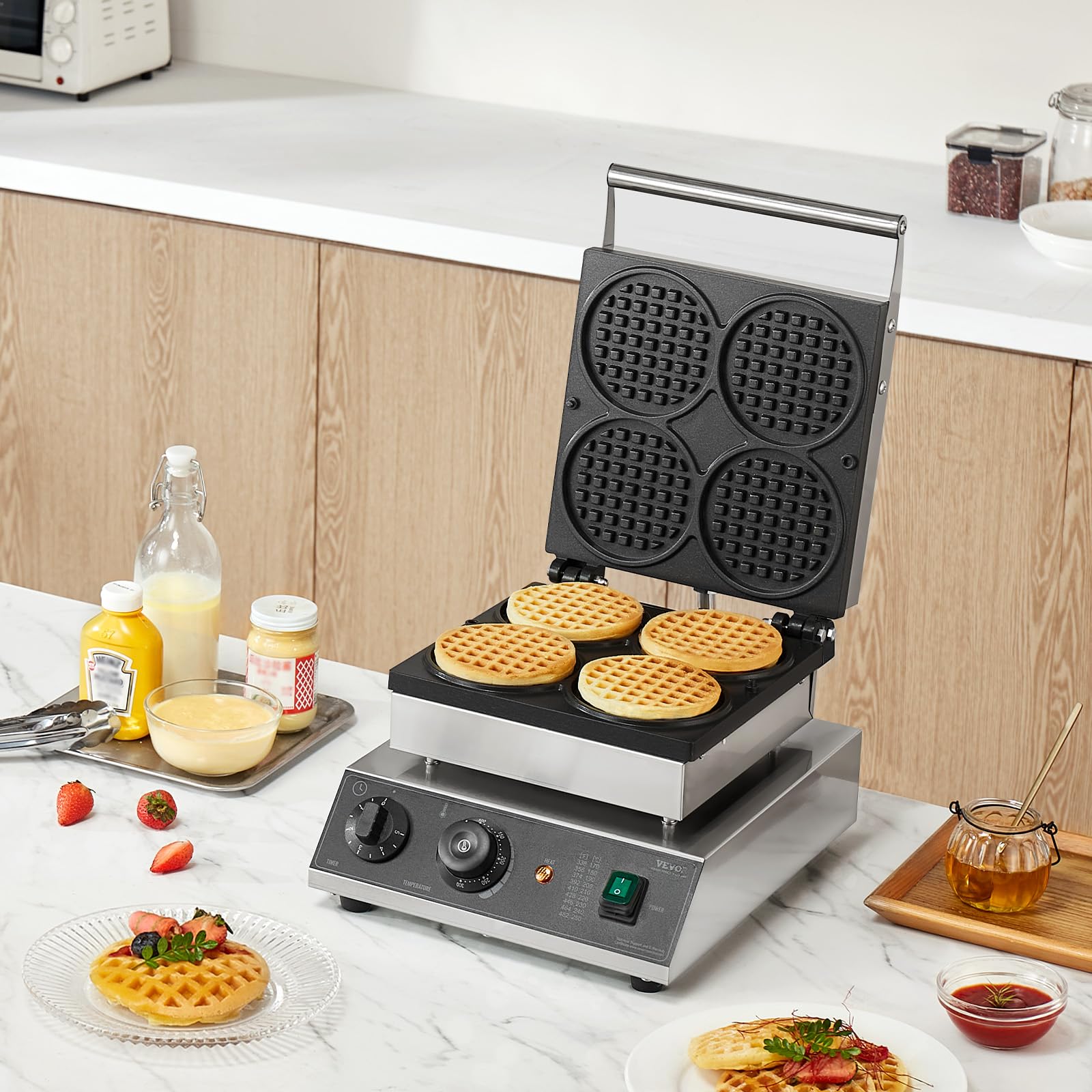 VEVOR Macchina per Waffle Belga Rotonda Commerciale, 4 Pezzi per Waffle, Piastra per Waffle in Acciaio Inox Antiaderente 1750 W con Controllo Temperatura Tempo, per Ristoranti Panetterie Snack Bar