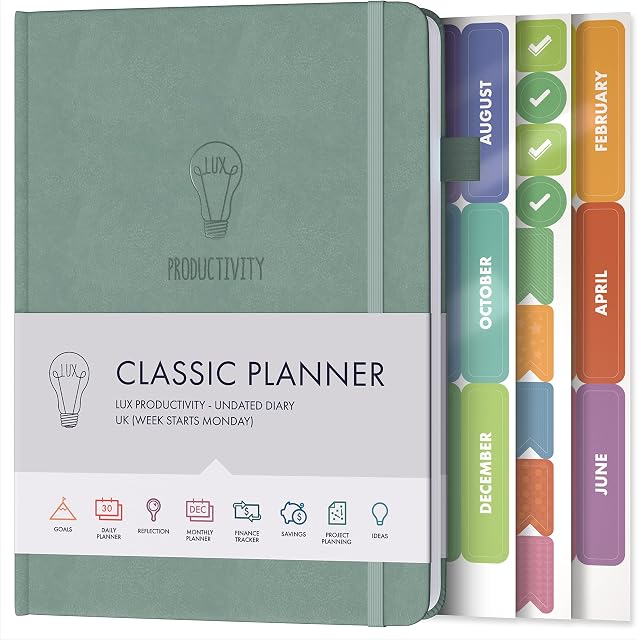 Daily Planner & appointment diary - Gratitude journal, wellness journal & 2023 Undated weekly planners and organisers - Desk journals for women & men - LUX Productivity Classic (SLATE BLUE)
