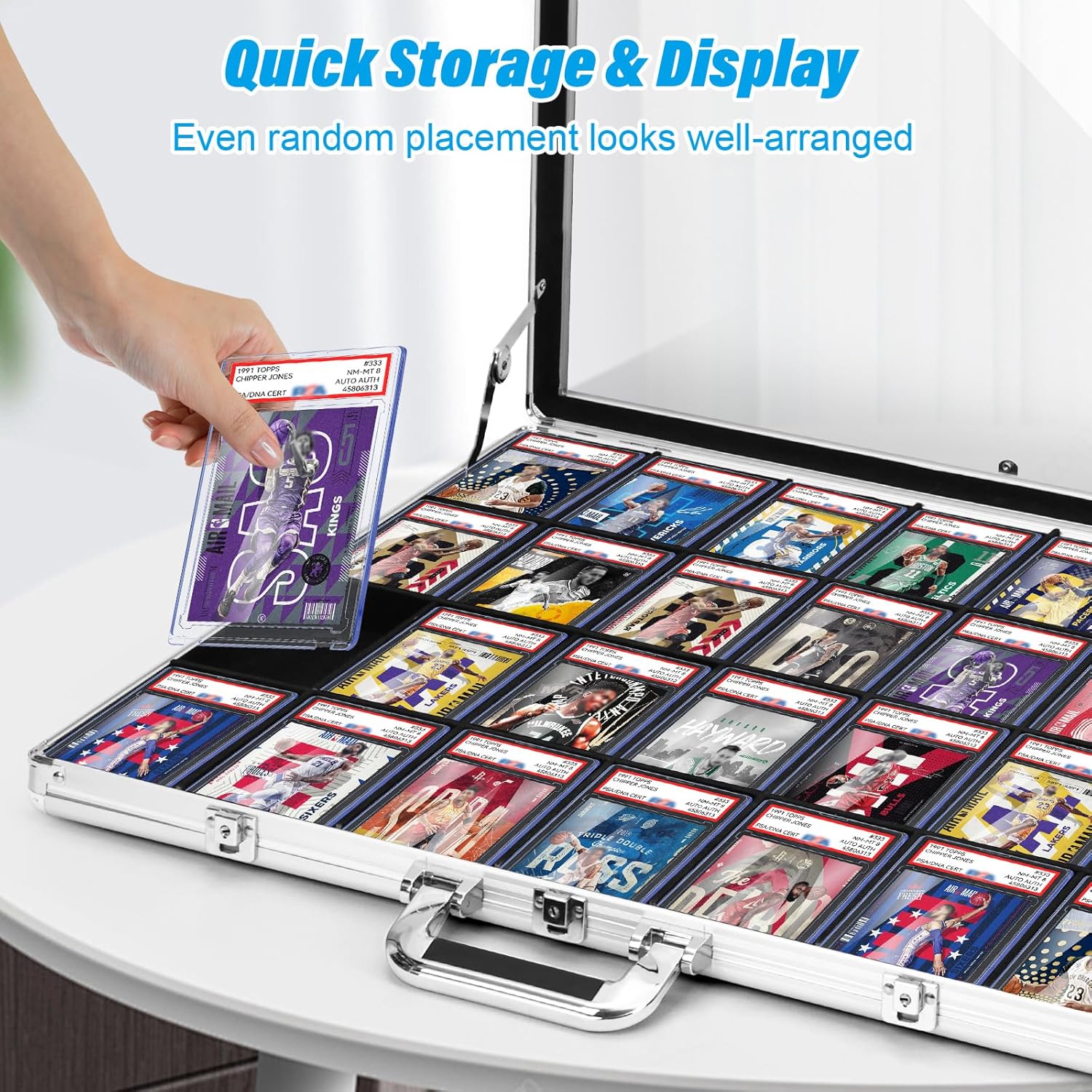 Trading Card Display Case with 28 Removable Grids, Locking Aluminum Frame Showcase Compatible with PSA Slabs, Graded Cards, Baseball & Sports Card Collectibles