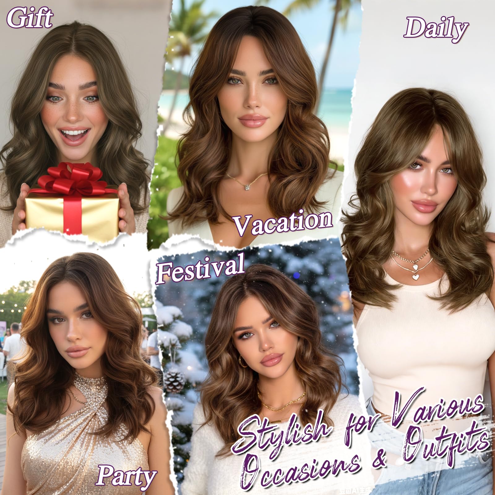BARSDAR Short Wavy Brown Ombre Layered Wig - Shoulder Length Wavy Brown Wigs for Women - Short Loose Wave Textured Layered Wig with Face-Framing Curtain Bangs Soft Synthetic Natural Looking Daily — view 6