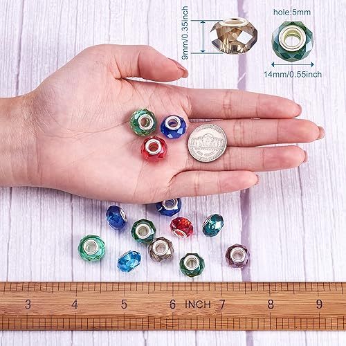 Miniatura 2 de 100 cuentas facetadas europeas de vidrio de color mixto transparente Rondelle de cristal grande agujero suelto cuentas espaciadoras con doble núcleo