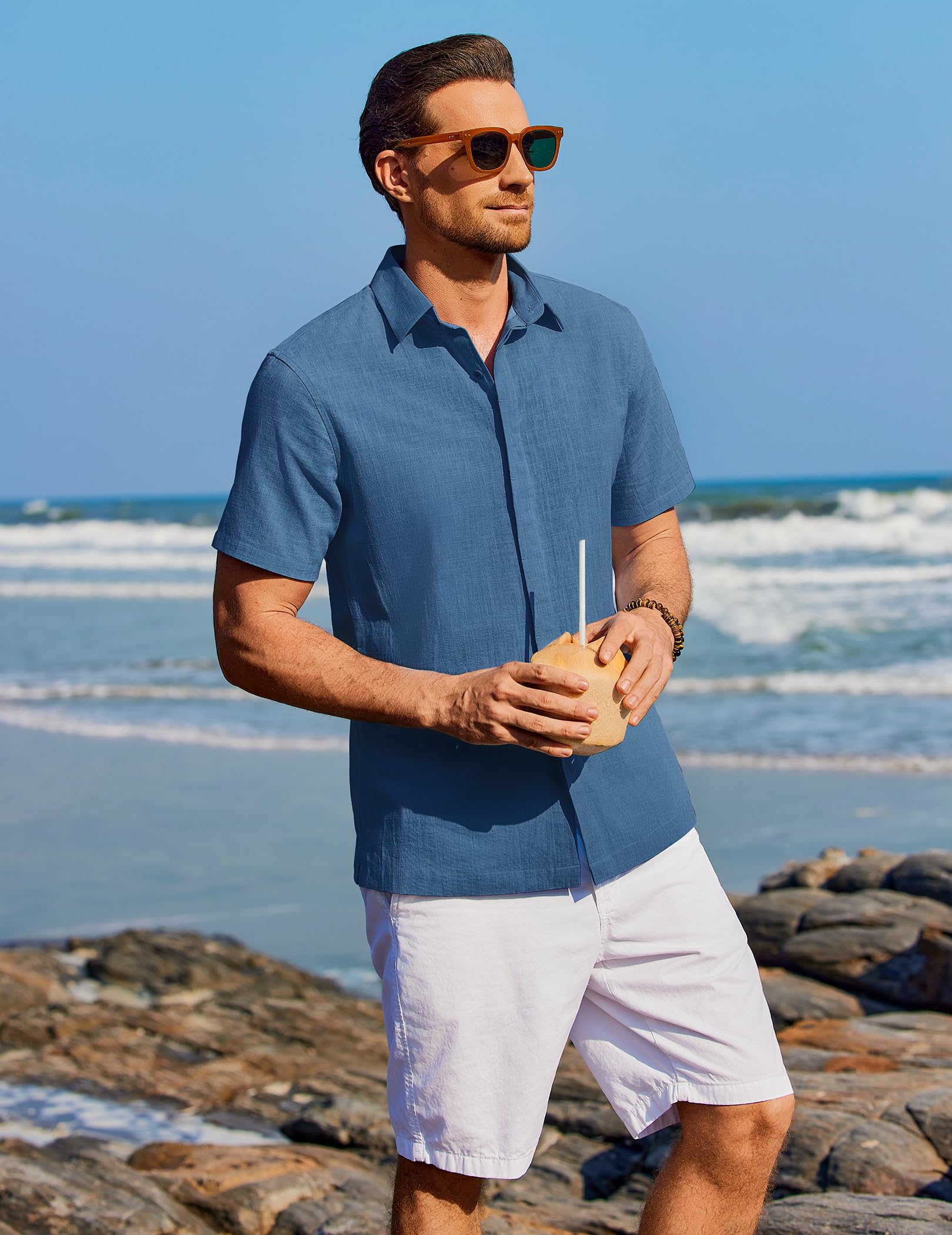 COOFANDY Camisa Hombre Manga Corta 100% Algodón Casual Regular Fit