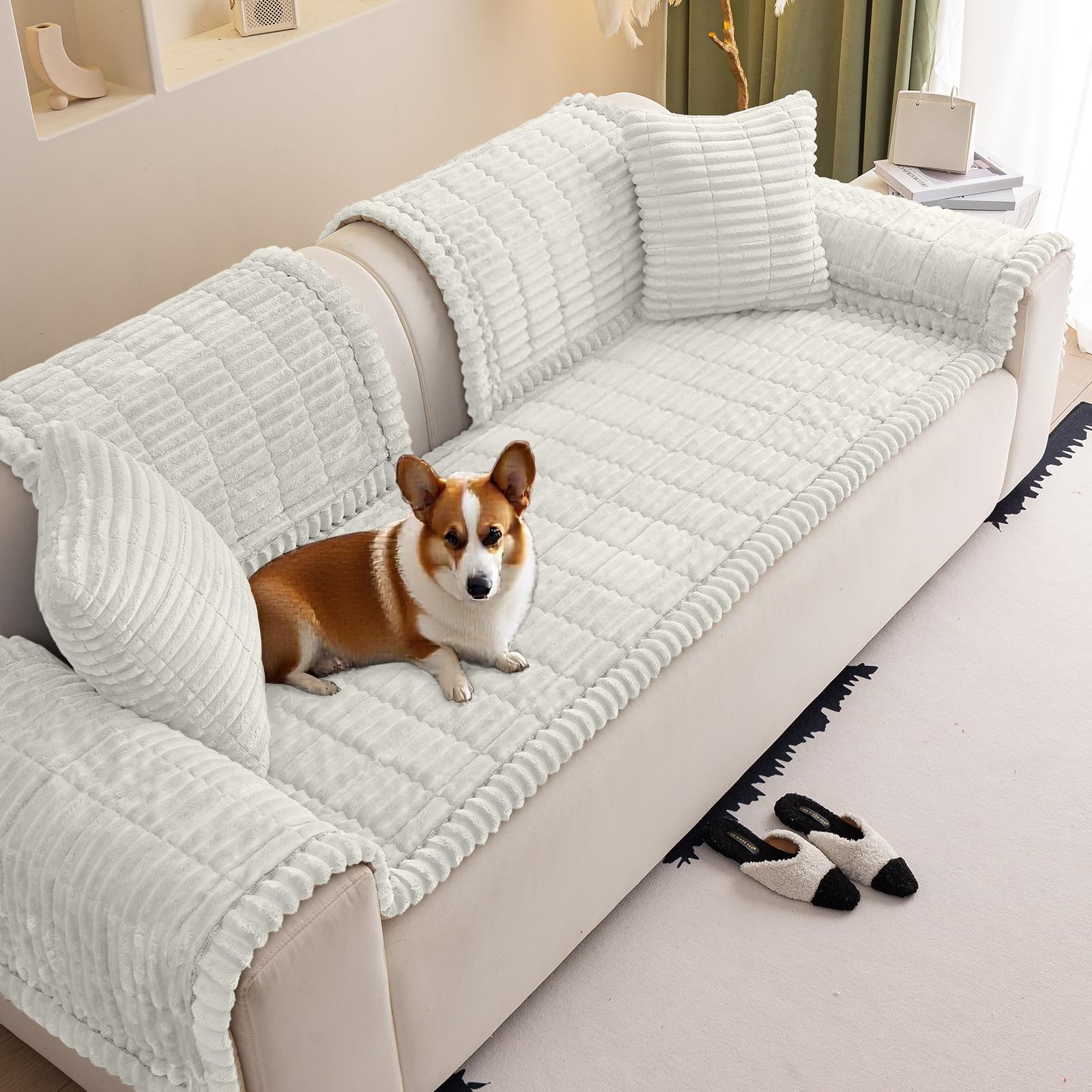 VFGFDJNDFX slumber paws sofa covers, Corduroy Sofa Cover 1 2 3 4 Seater, Non-Slip Plush Sectional Sofa Slipcovers, Pet Proof Furniture Protector (Serene White,60 * 60cm)