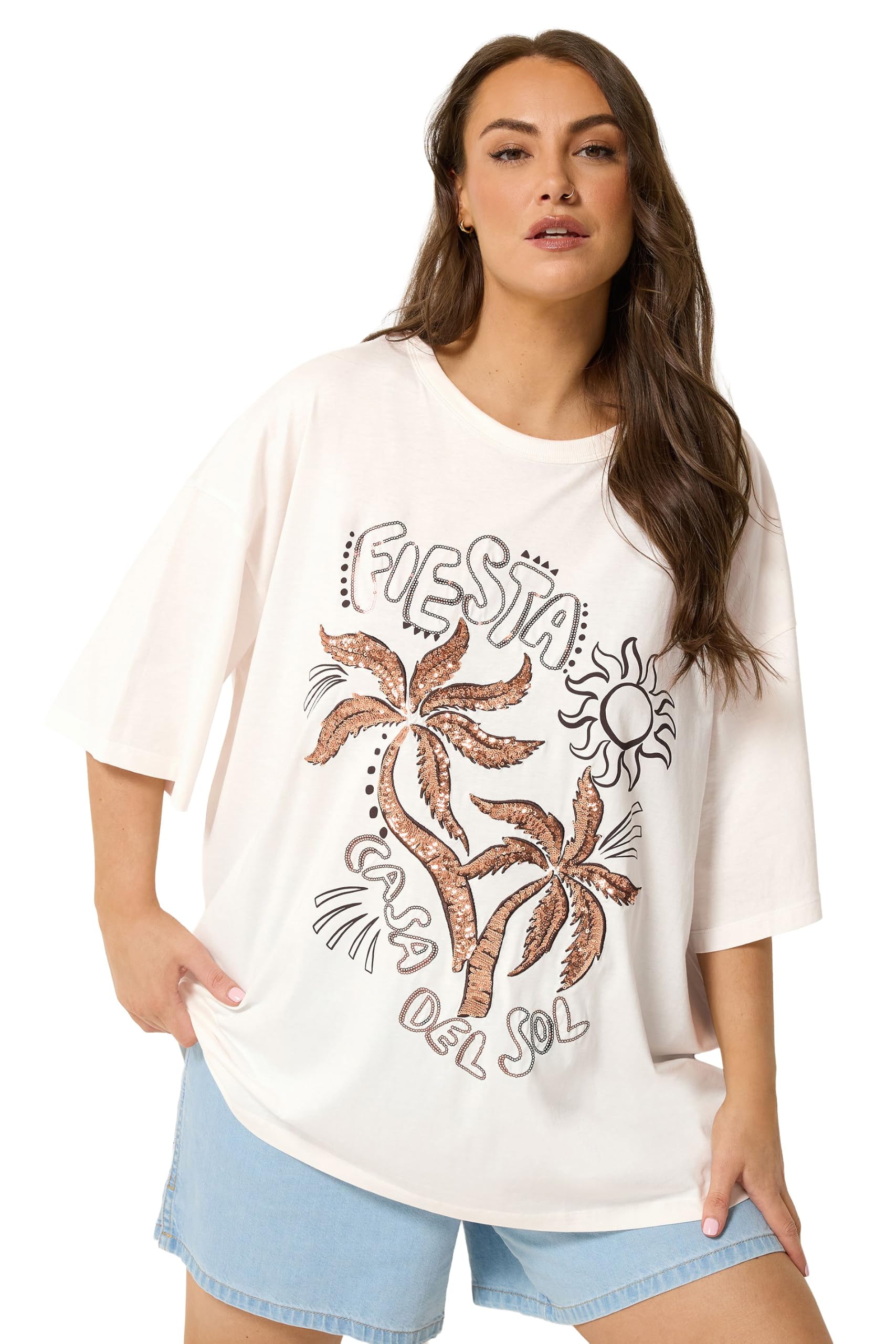Yours Women's Cream Curve White Embellished Oversized T-Shirt - Plus Size Curve