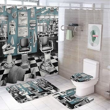 Shower Curtain Set Barber Shop Bathroom 4 Set with Non-Slip Rugs Toilet Lid Cover and Bath Mat Waterproof Bath Accessories for Bathroom Decor Set 72" X 72"