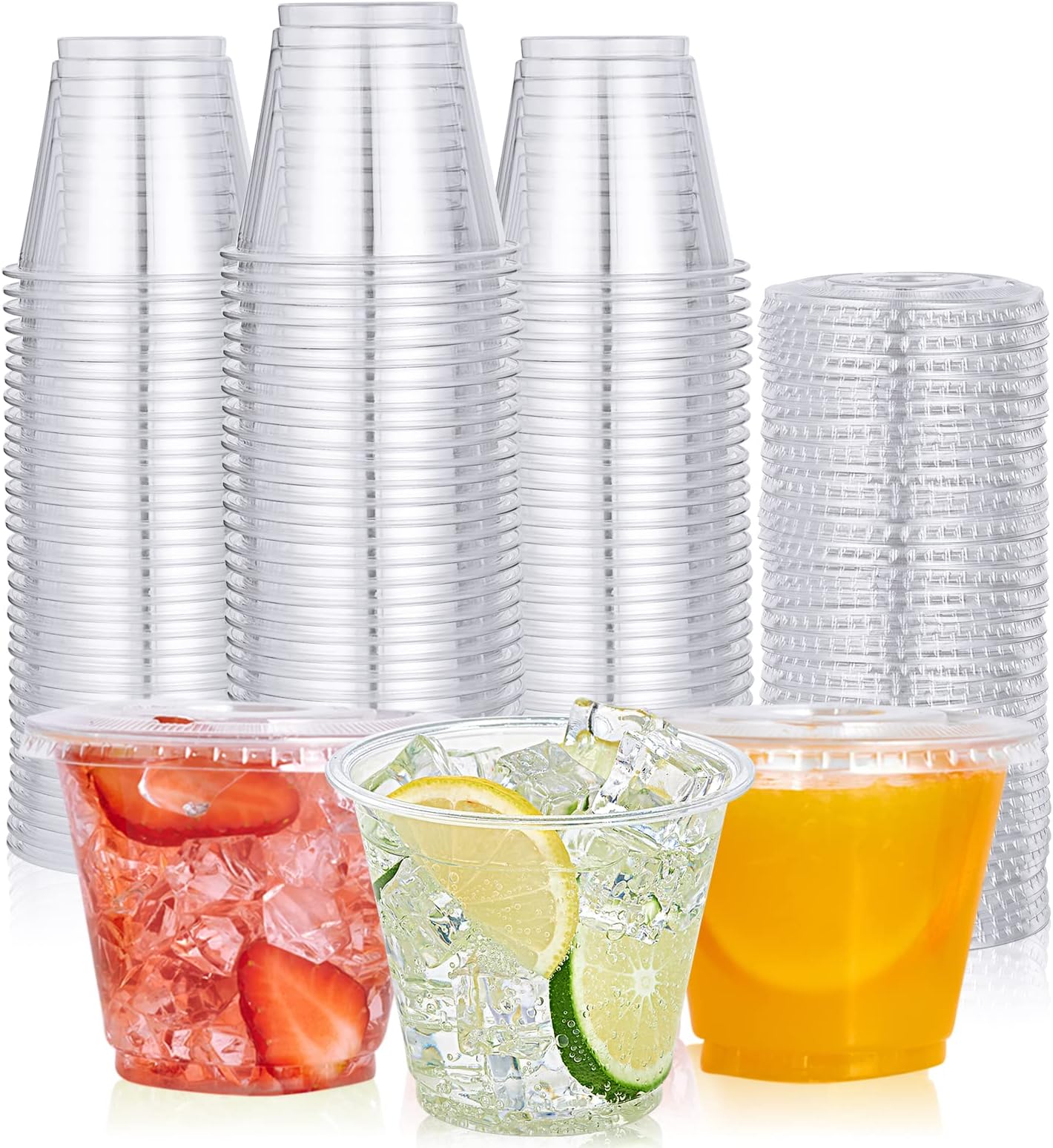 200 PACK 9 oz Clear Plastic Cups with Flat Lids