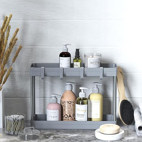 Miniatura 3 de Simple Houseware Bandeja organizadora de 2 niveles para debajo del fregadero con ganchos, color gris