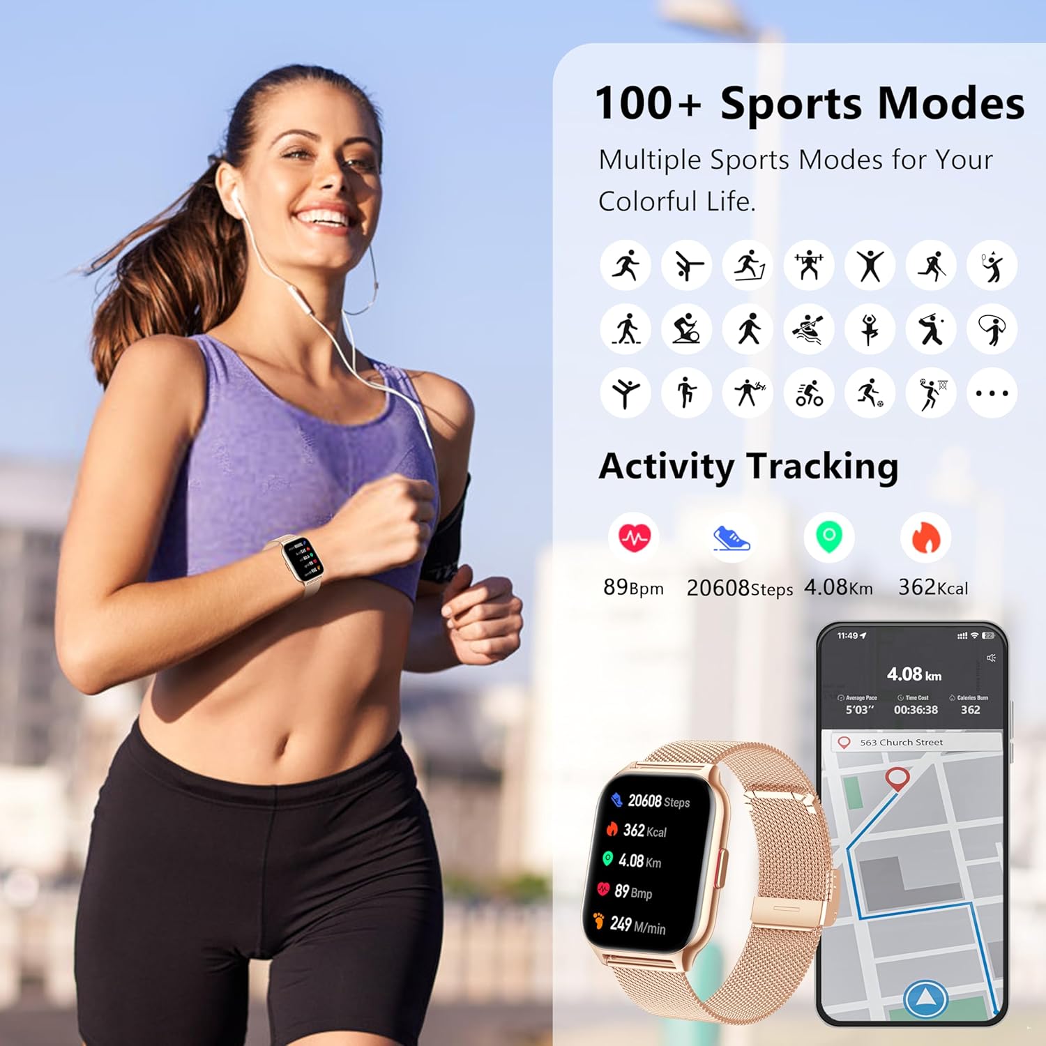 A woman running outdoors with the Narcid P95 Smartwatch on her wrist. The image also shows an infographic with icons for over 100 sports modes and activity tracking metrics like heart rate, steps, distance, and calories. A phone screen displays a map of a running route.