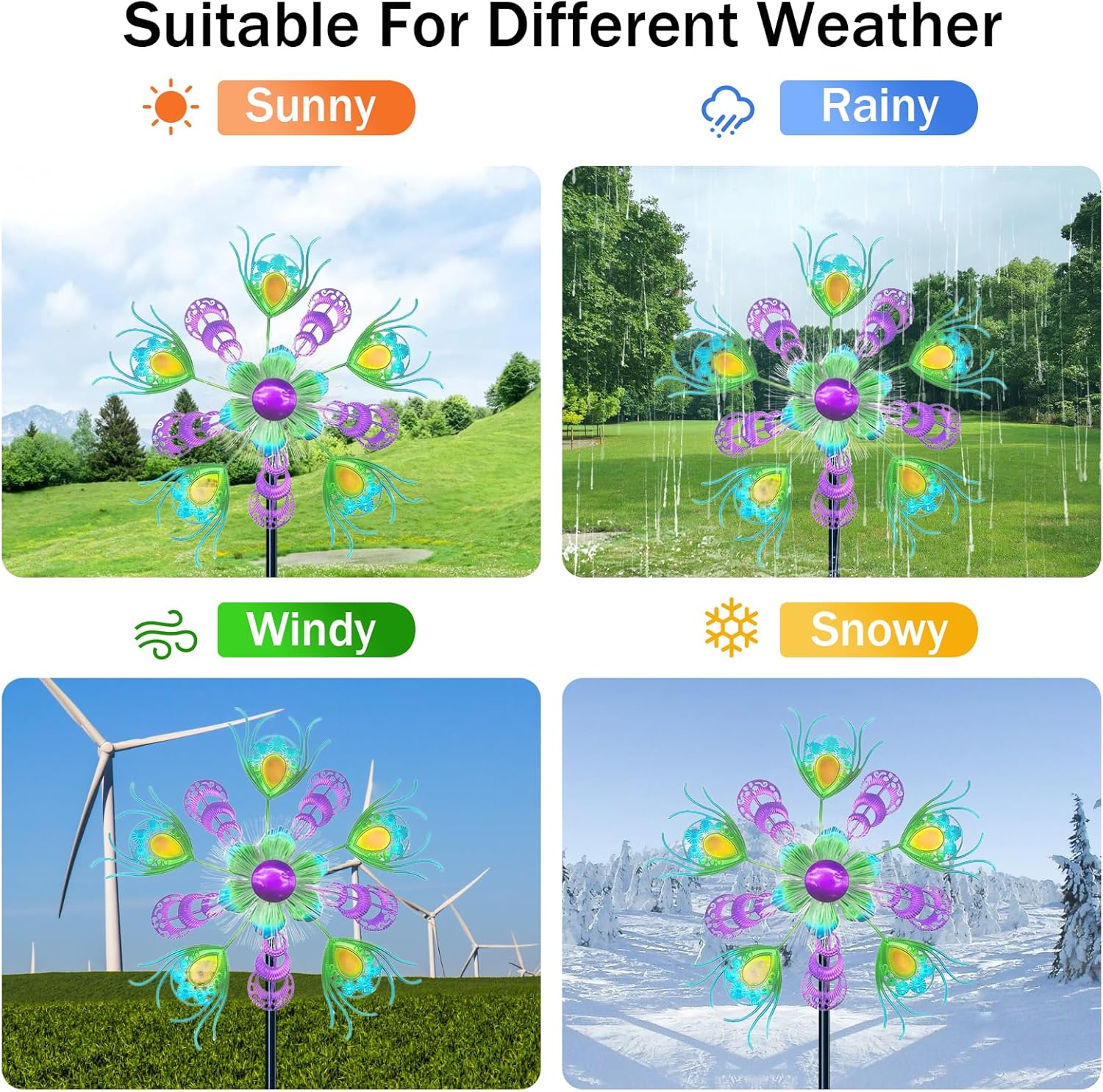 40" Solar Peacock Wind Spinners Garden Stake, Solar Wind Sculpture Yard Art Decorations for Lawn, Patio & Yard & Garden Decor, Metal Green Whirligigs Wind Spinners Outdoor
