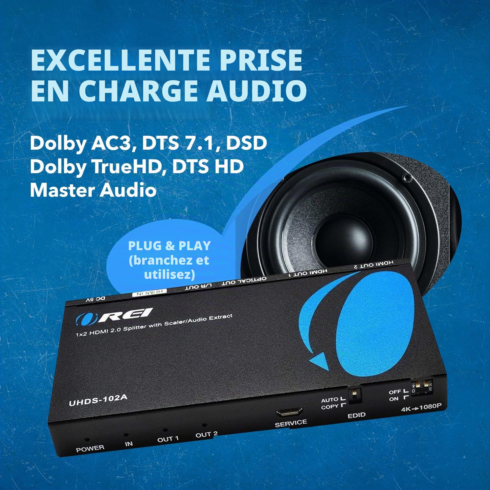 OREI UHDS-102A Répartiteur HDMI 2.0 avec extracteur audio Scaler 2 ports Full Ultra HDCP 2,4 K à 60 Hz et 3D Prend en charge le contrôle EDID